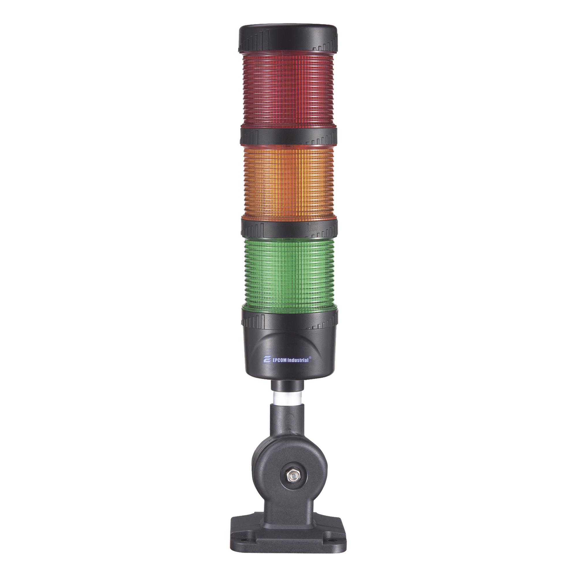 Torre LED Indicadora de estado de 3 niveles color Rojo, Ámbar y Verde, con Buzzer integrado a 85 dB,  a 110-240 VCA con Montaje incluido de 60 mm de diámetro — EPCOM INDUSTRIAL SIGNALING · SKU EI-3-RAG-110240