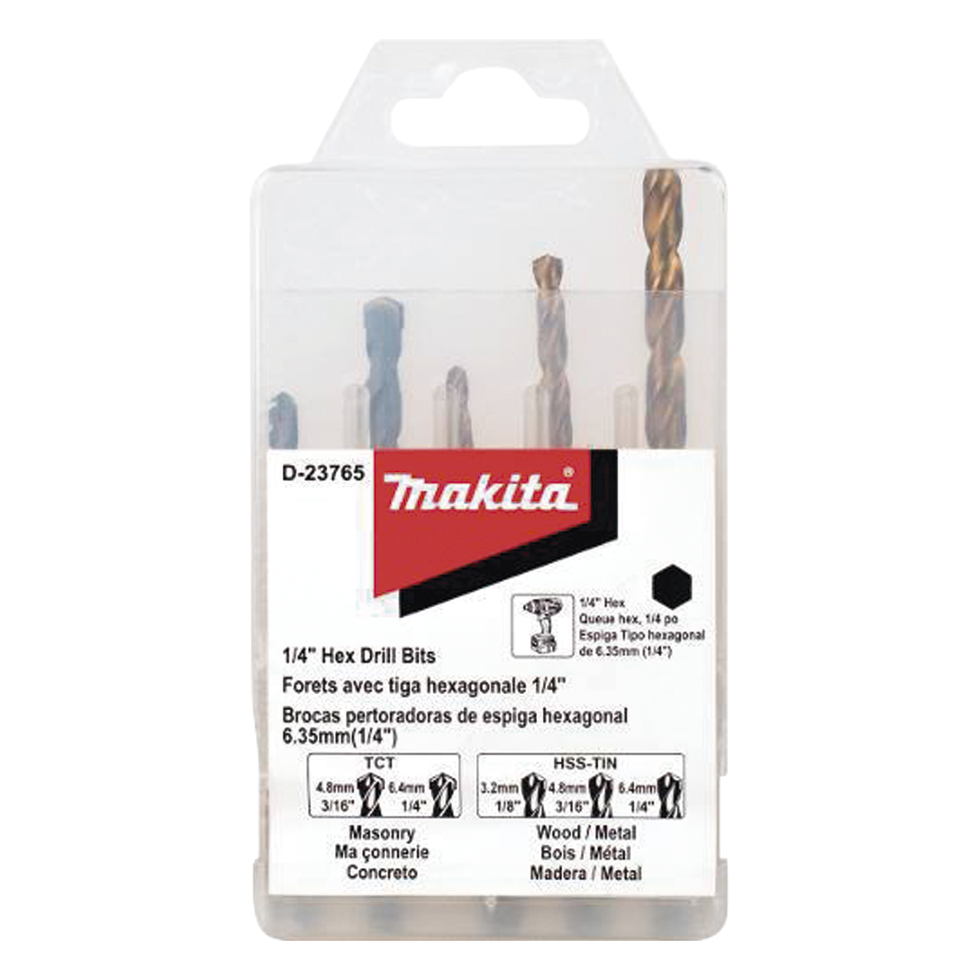 Juego de 5 Brocas con Inserción Hexagonal de 1/4". De concreto: 3/16" y 1/4". Para metal: 1/8", 3/16" y 1/4".  — MAKITA · SKU D-23765