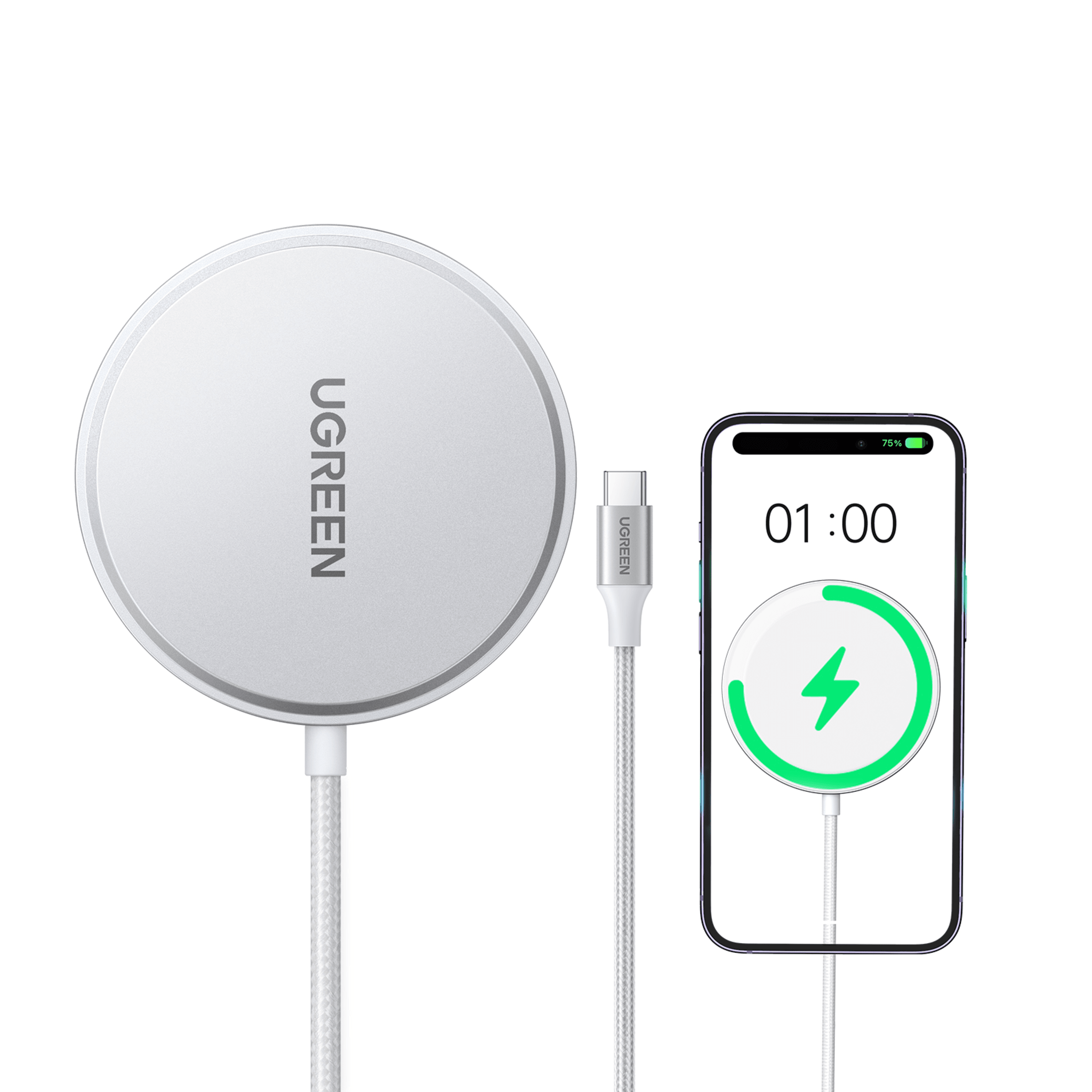Cargador Inalámbrico Magnético 15W / Protocolo Qi 2 / USB-C 9V 2.2A / Eficiencia 83% / Protección Multinivel / Material PC+ABS+Aleación Aluminio / Cable 1.5m