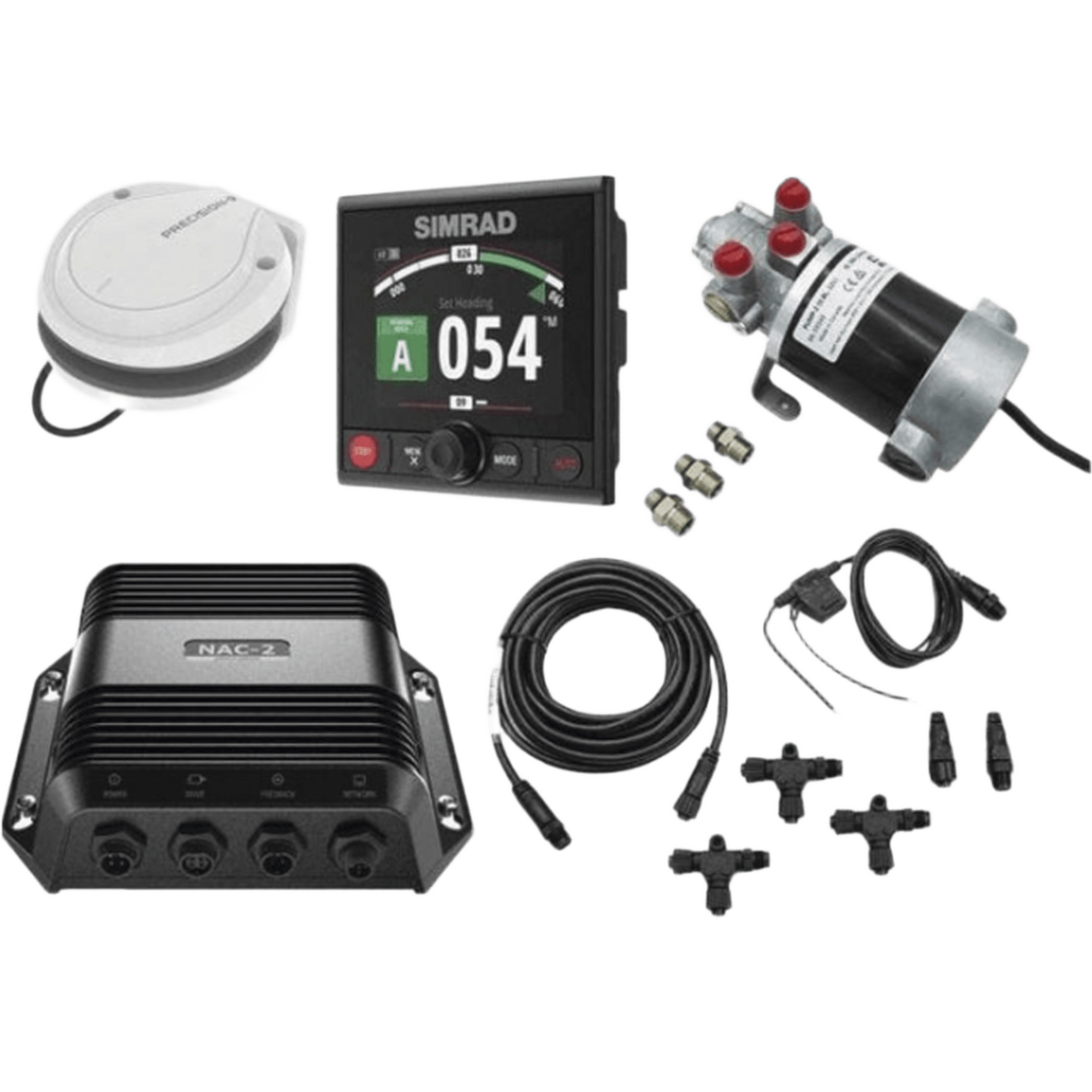 Piloto Automático Simrad para Embarcaciones Fueraborda y Dentrofueraborda / Paquete Completo / Controlador AP44 con Pantalla a Color 4.1 Pulgadas / Bomba Hidráulica RPU-80 / Brújula Precision-9 / Compatible con NMEA 2000® / Virtua