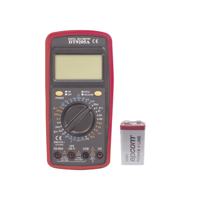 KIT Multímetro Digital DT9205A 600 Vcc / Vca CATII, con Pantalla LCD. Incluye Batería ER-9V de 9V