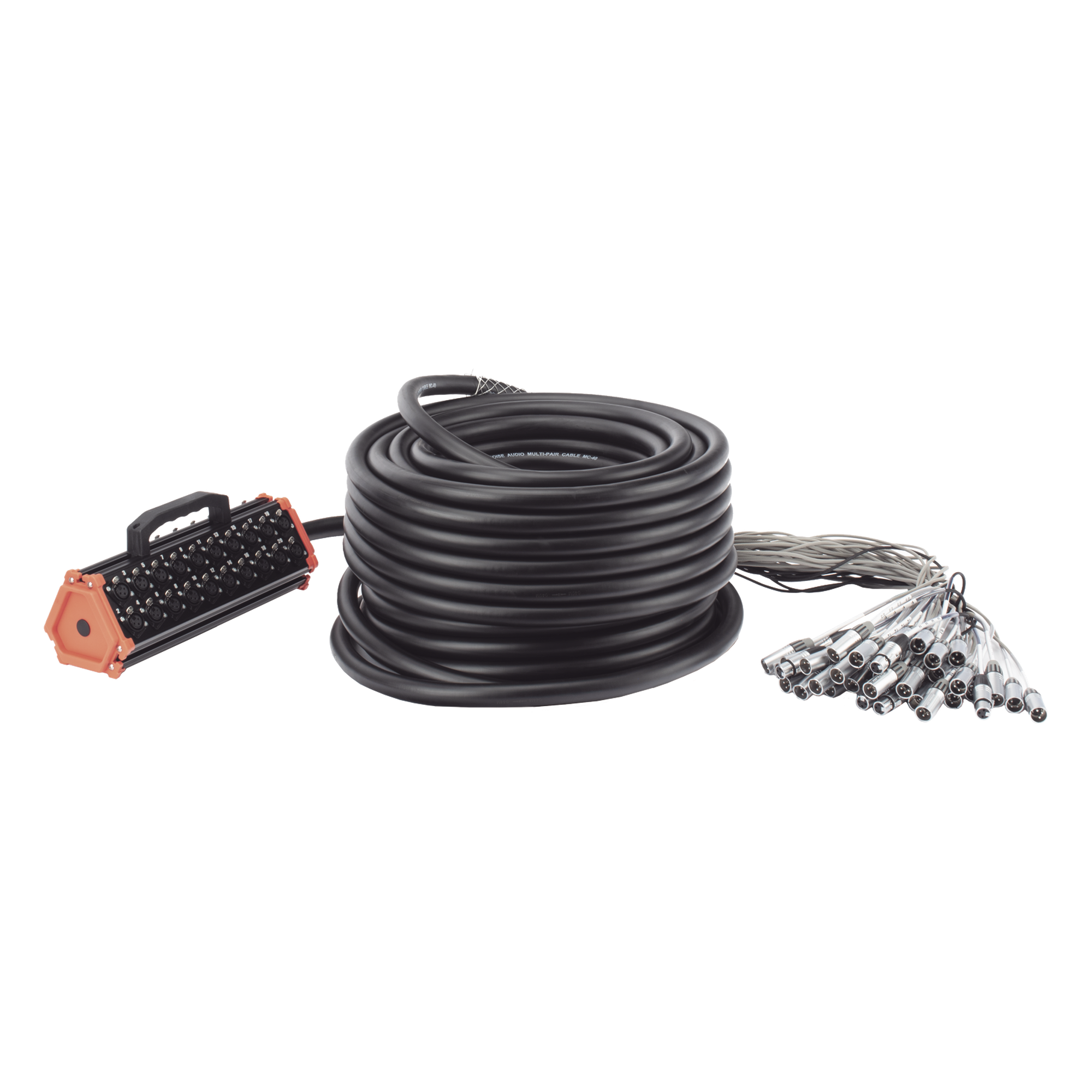 STAGEBOX, 32+8 CANALES, 8 EXTREMOS SON SCMM3 XLR Macho, LOS OTROS 32 EXTREMOS SON SCMF3 XLR Hembra de 3 núcleos con carcasa de acero inoxidable y contactos chapados en oro — SEETRONIC · SKU CSBT3208L45M