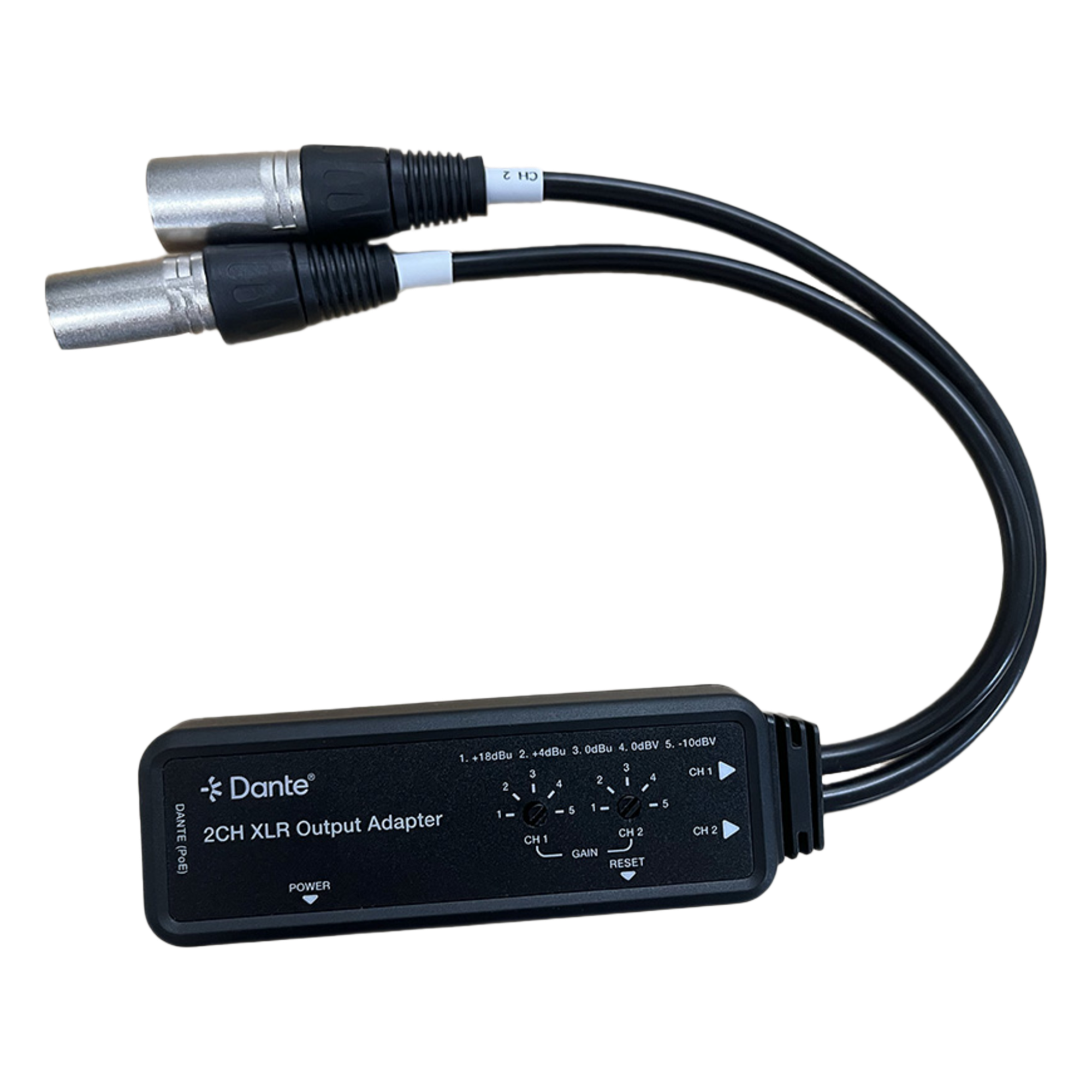 Extensor de Audio Dante® 2CH XLR Output Adapter | Entrada Digital Dante® | Salida XLR Balanceada/No Balanceada | Latencia Configurable 1-5ms | HDMI 1.4 | HDCP 1.4 | PoE IEEE802.3af | USB-C | Transmisión 100m — EPCOM PROAUDIO · SKU EPP-AUD2XDE