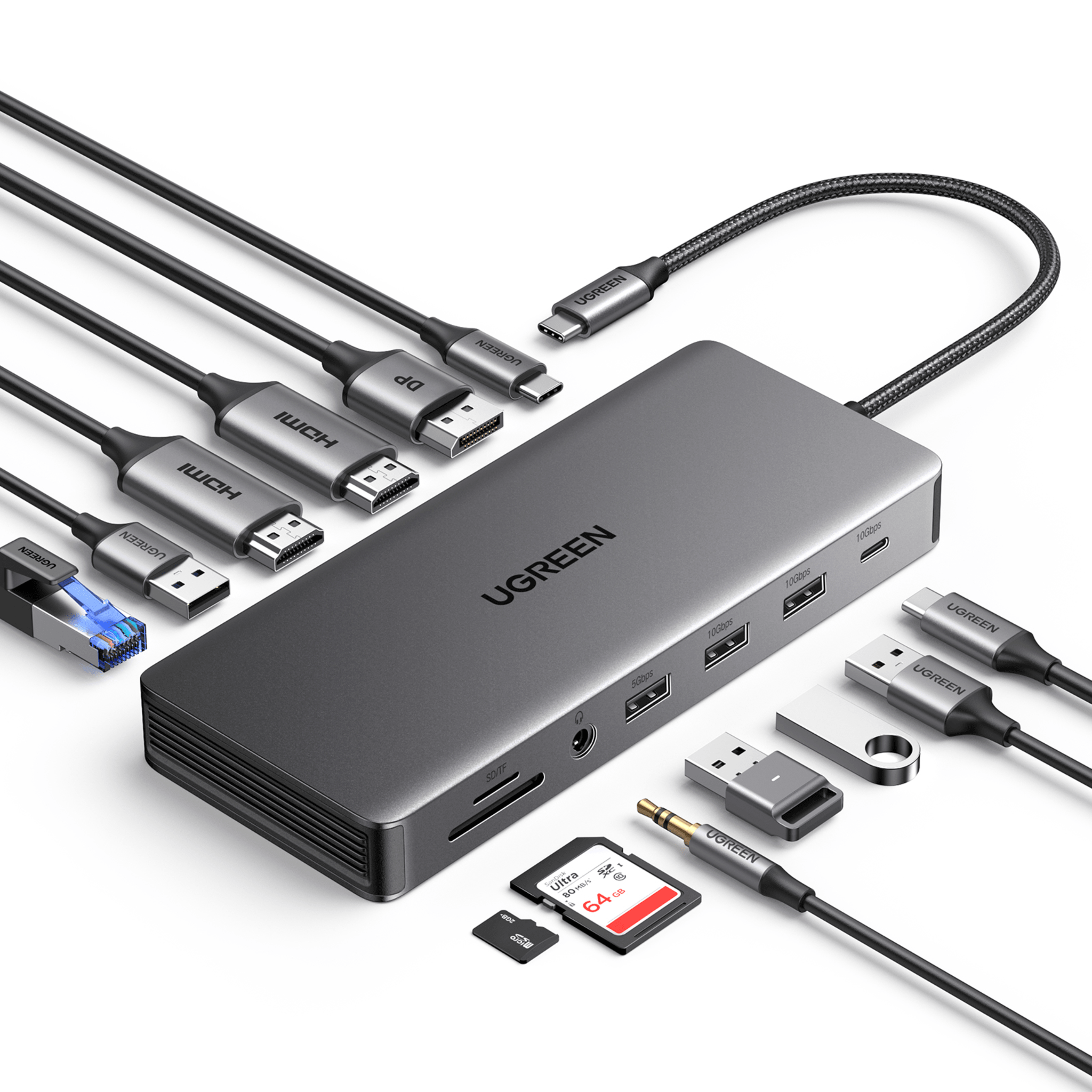 Docking Station USB-C 12 en 1 / 2 HDMI 4K@60Hz + DisplayPort 4K@60Hz / 6 Puertos USB 3.2/3.0 / Gigabit Ethernet / Lector SD/TF / Audio 3.5mm / PD 100W / Triple Pantalla — UGREEN · SKU 15978