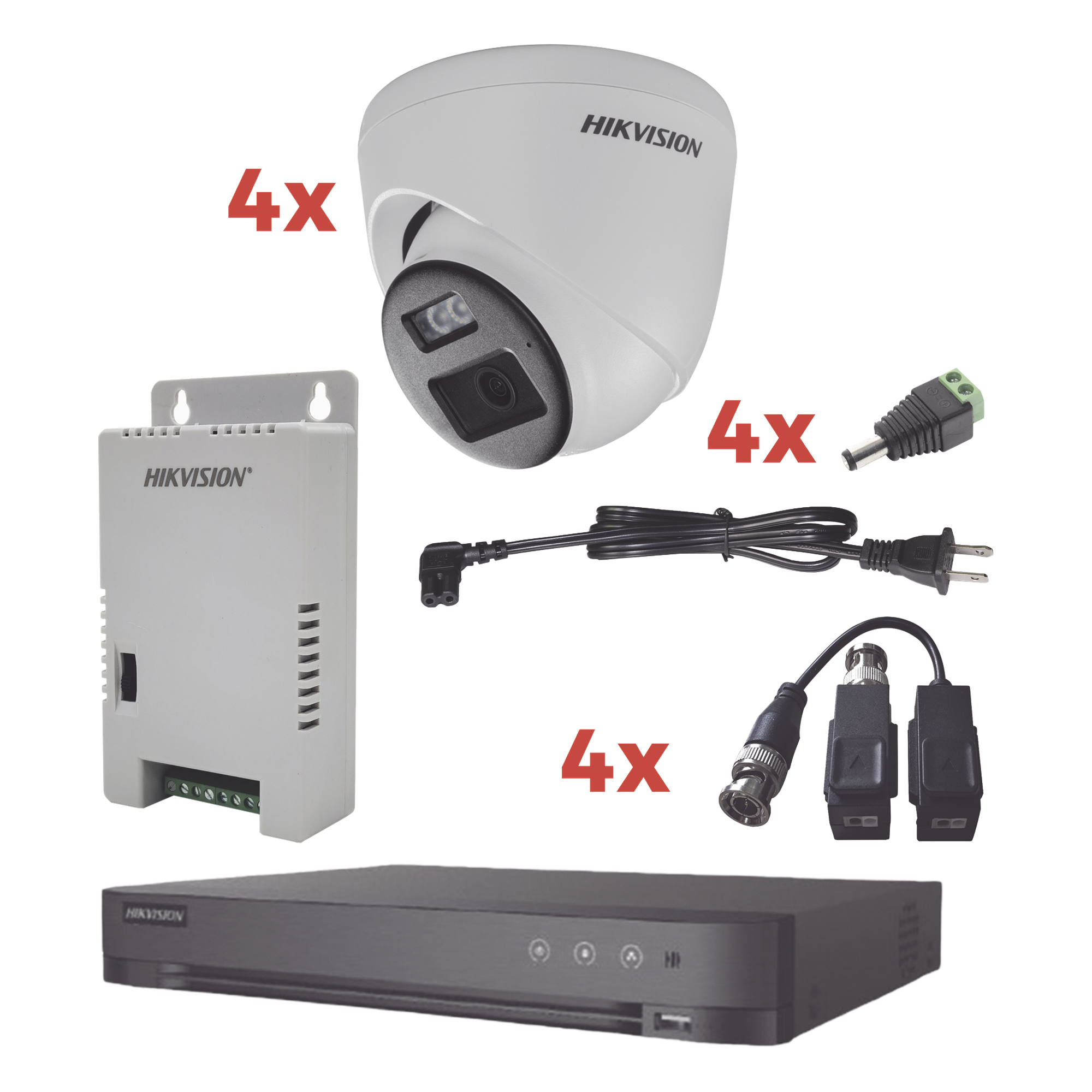 Kit Audio Bidireccional TurboHD 1080p / DVR 4 Canales / 4 Cámaras Eyeball (Exterior) con Bocina y Microfóno Integrado / 1 Fuente de Poder / Accesorios — HIKVISION · SKU KH-1080P-4E-TWA