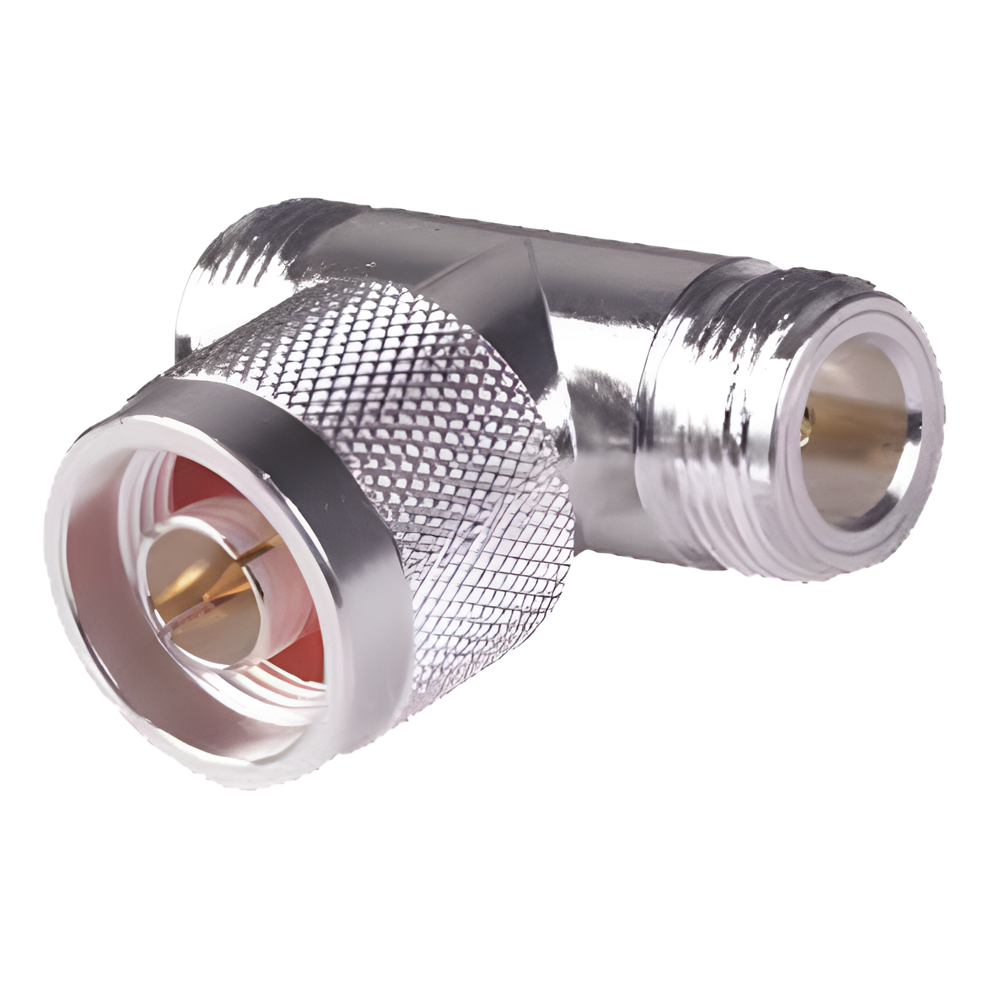 Adaptador RF en T / Conector N Macho a Doble N Hembra / Cuerpo Bronce Plateado / Contacto Oro / Aislante Teflón — RF INDUSTRIES,LTD · SKU RFN-1010-1