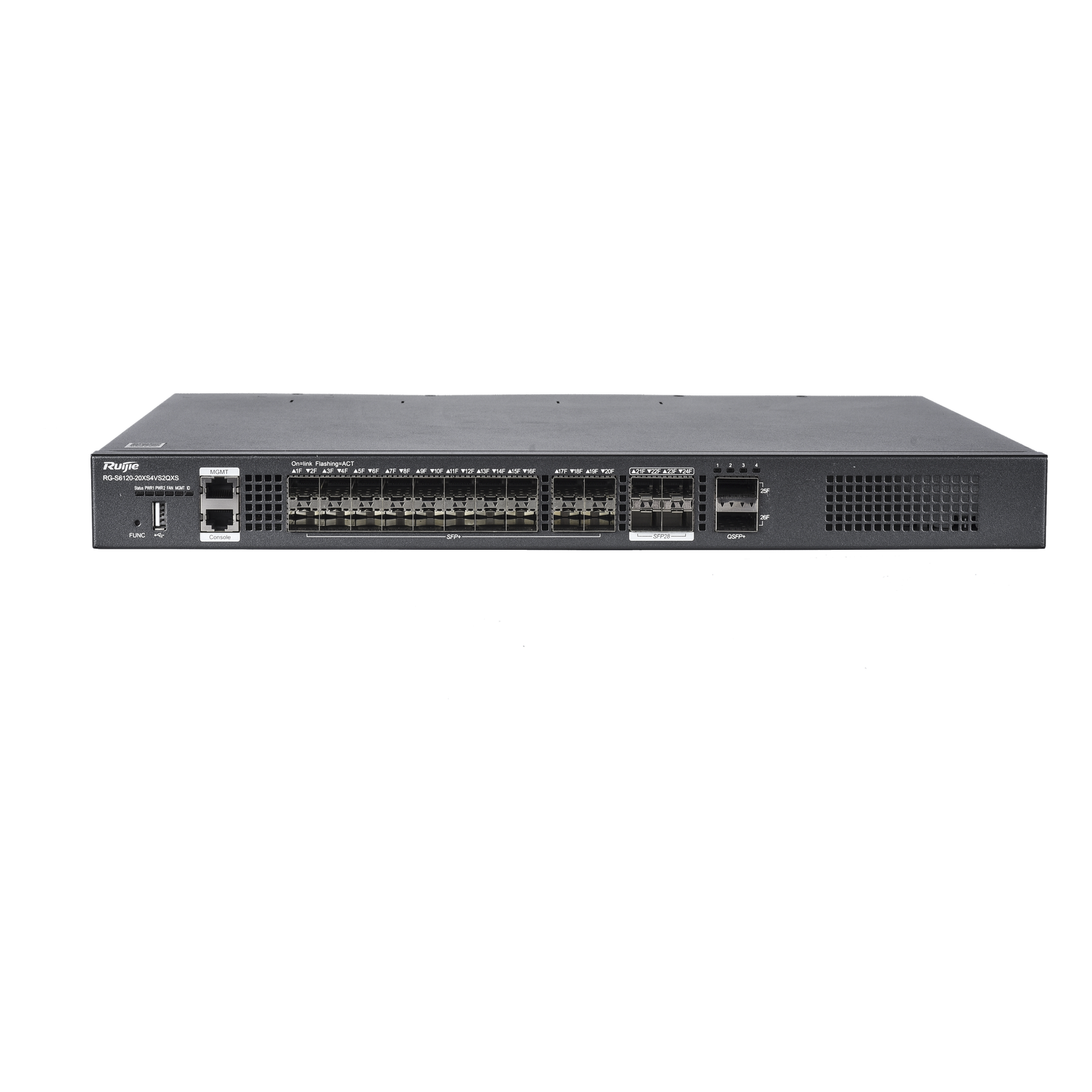 Switch distribución de fibra hasta 23 Tbps de Capacidad, 20 puertos SFP+ 10G, 4 Puertos SFP28 25G y 2 puertos QSFP+ 40G — RUIJIE · SKU RG-S6120-20XS4VS2QXS