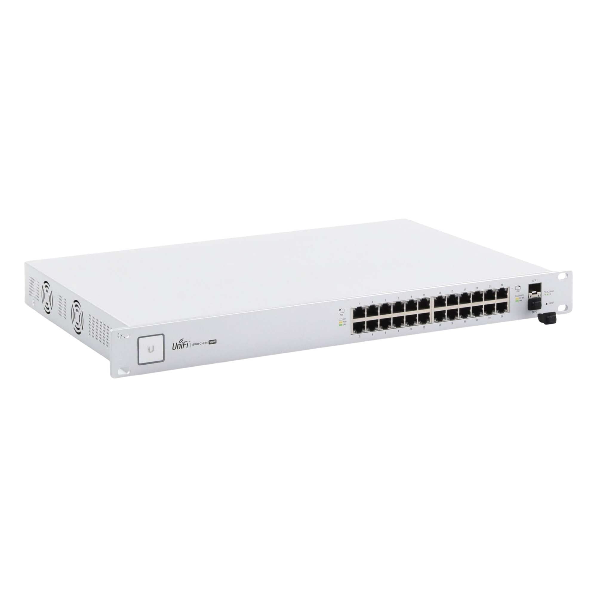 Switch PoE UniFi capa 2 Administrable de 26 puertos Gigabit (24 eth PoE y 2 SFP) 802.3 af/at / Pasivo 24V, 500 Watts, throughput de 38.69 Mpps