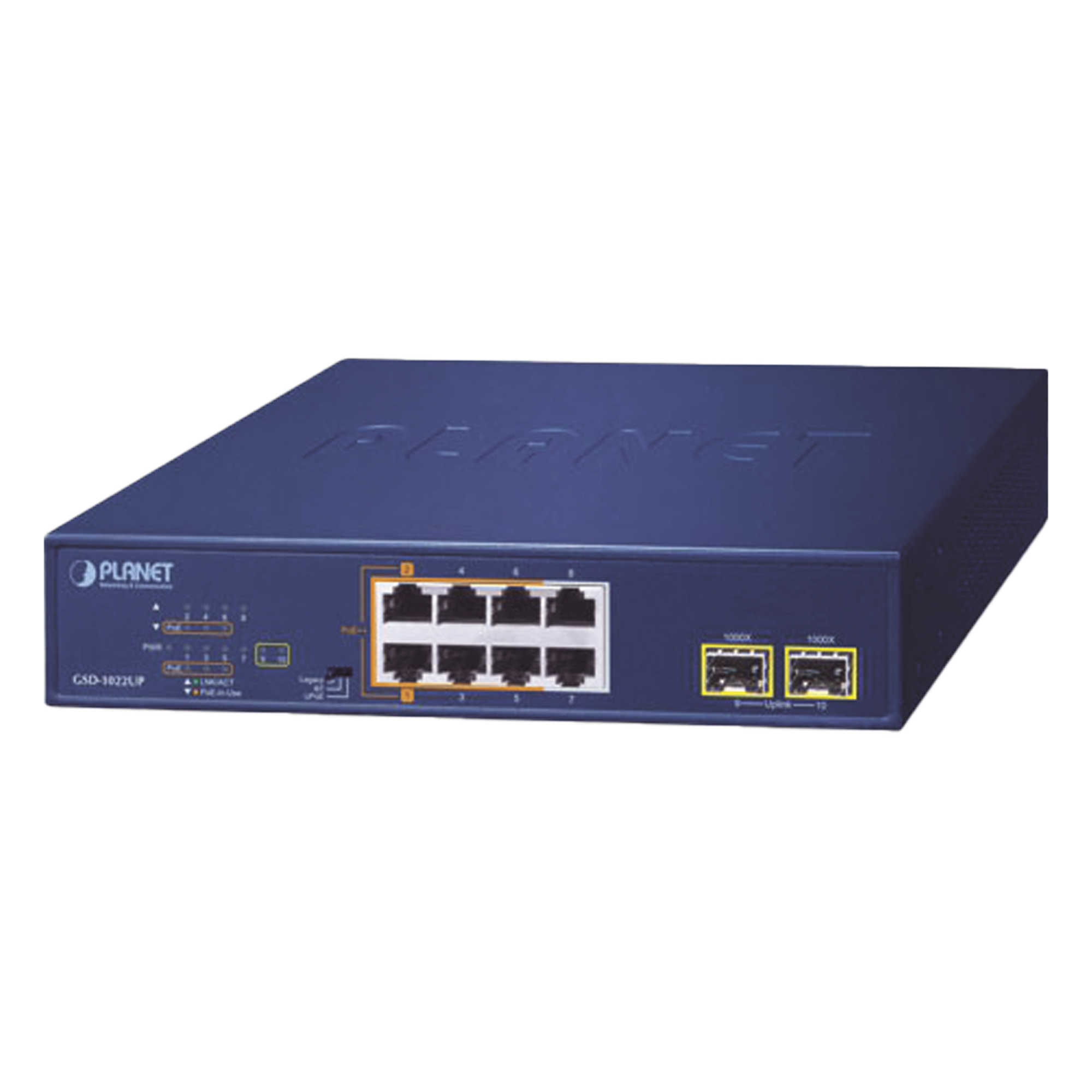 Switch PoE No Administrable de Escritorio, 2 Puertos Gigabit 802.3bt, 4 Puertos Gigabit 802.3at, 2 Puertos 10/100/1000, 2 Puertos SFP Gigabit. — PLANET · SKU GSD-1022UP