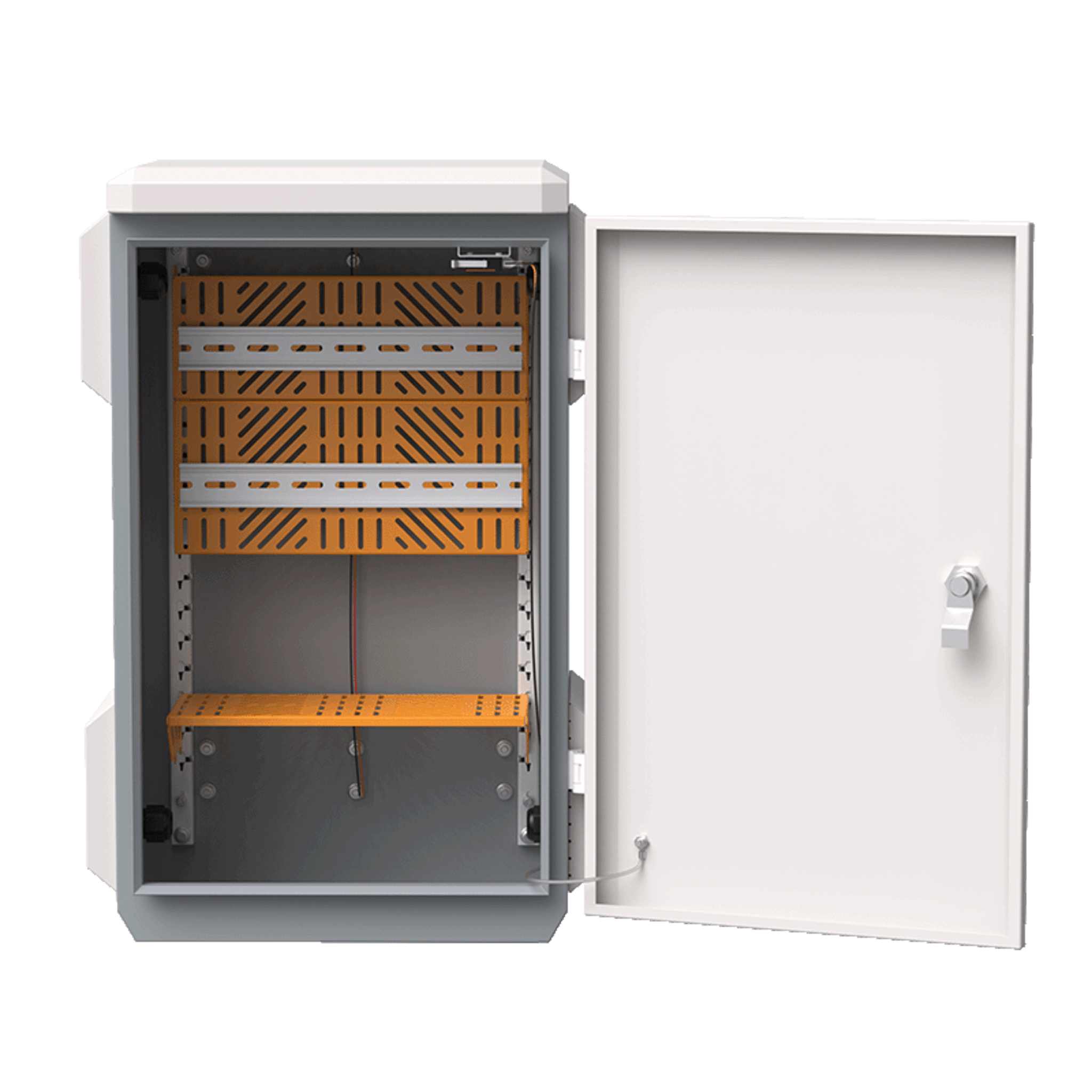 Gabinete de Acero Ventilado para Exterior 680 x 480 x 315 mm con Rieles DIN y 4 Placas Laterales para Montaje de Equipos por Fuera