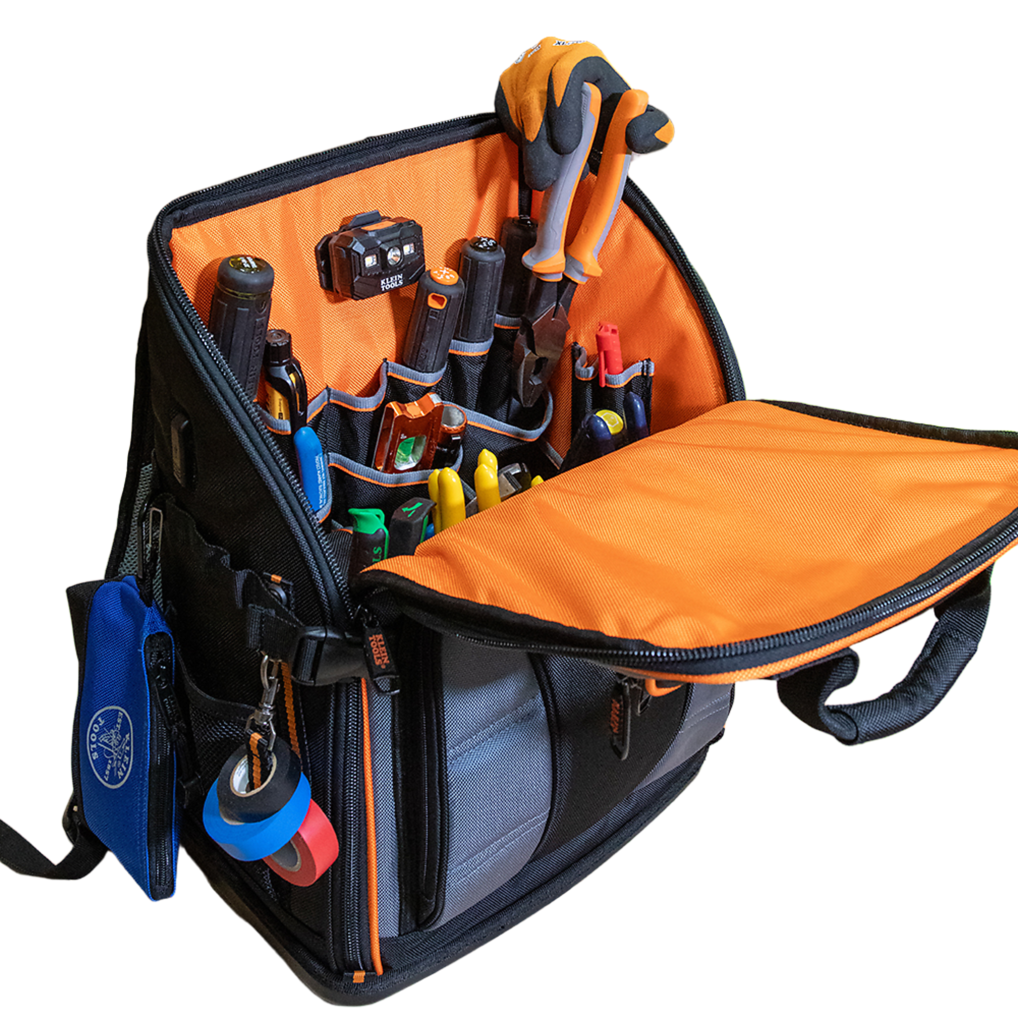Mochila Profesional para Herramientas / 27 Bolsillos / Acceso Rápido y Estación de Trabajo / Base Moldeada Ancha / Interior Naranja / USB-C / Soporte para Lámpara