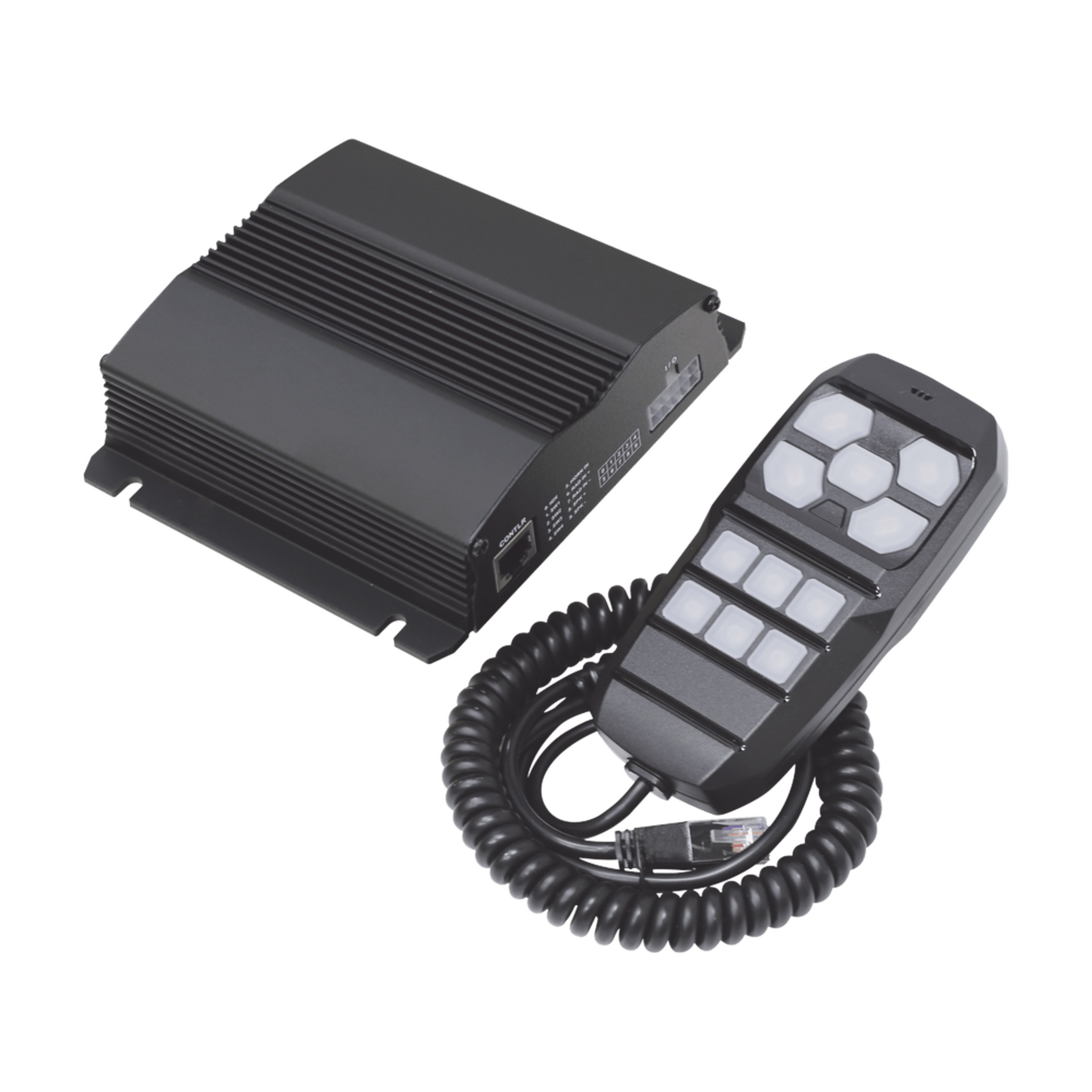 Sirena Vehicular de 100W de Potencia, Incluye Controlador Unimando Para Control de Tonos, 4 Salidas Auxiliares y Microfono