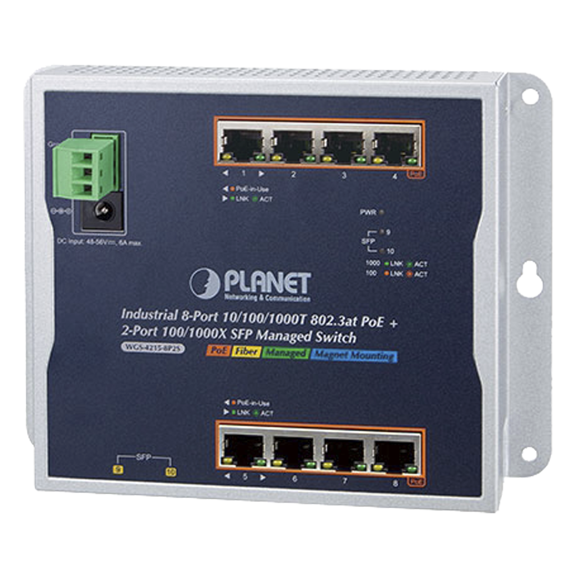 Switch Industrial PoE Administrable de Pared Capa 2, 8 Puertos Gigabit PoE 802.3at y 2 Puertos 100/1000X SFP — PLANET · SKU WGS-4215-8P2S