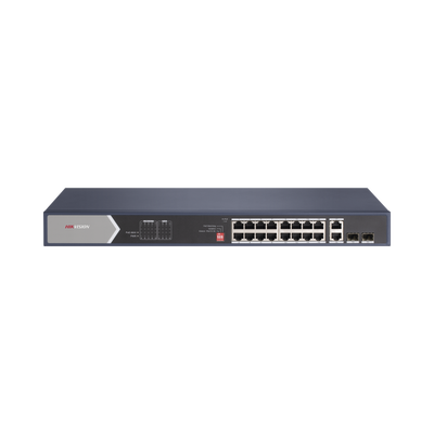 Switch Gigabit PoE+ / No Administrable / 16 Puertos 1000 Mbps PoE+ (4 Puertos PoE++ 90 W) / 2 Puertos 1000 Mbps Uplink + 2 Puertos SFP de Uplink / Modo Extendido hasta 300 Metros / 225 W