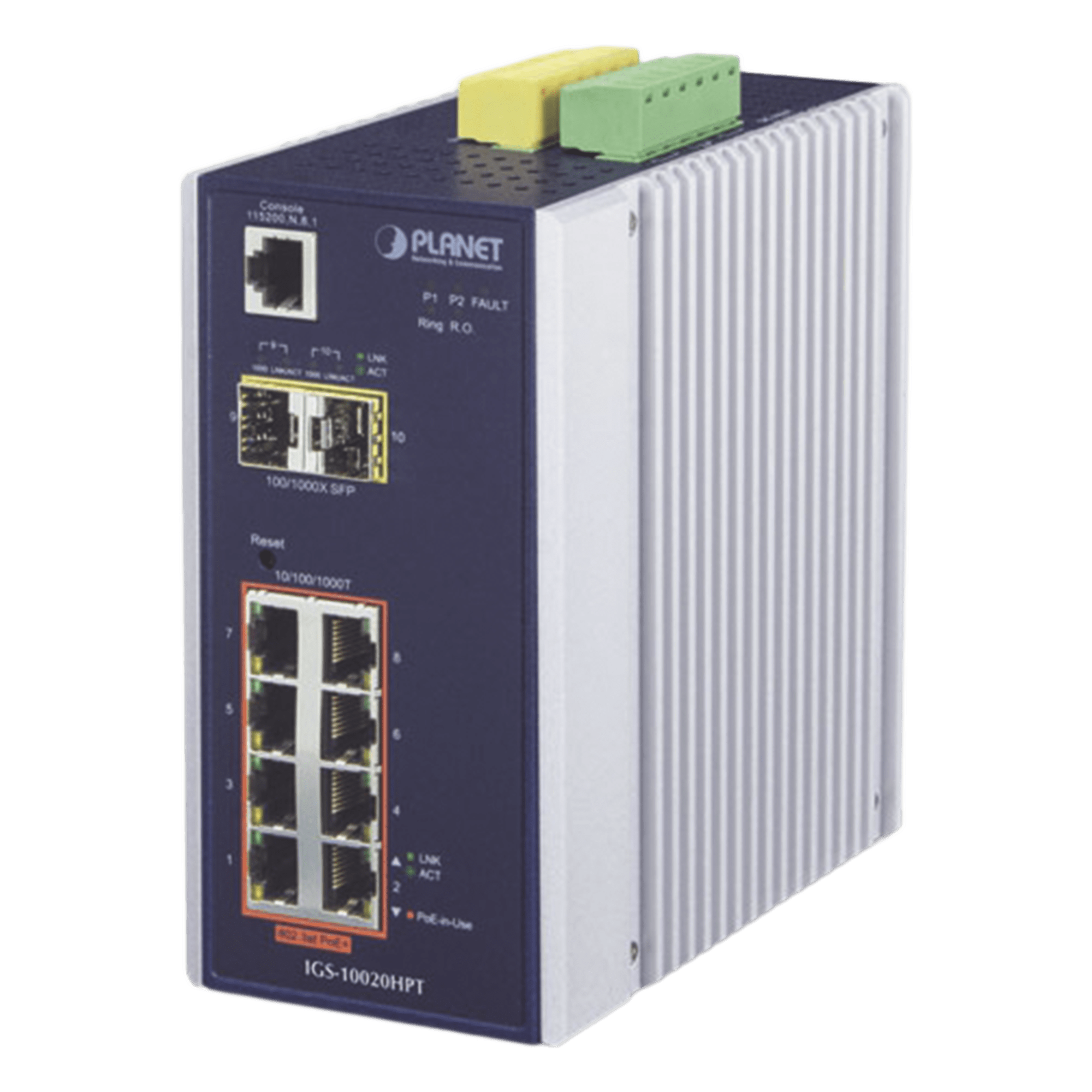 Switch Industrial Administrable Capa 2, 8 puertos PoE Gigabit 802.3af/at, 2 Puertos SFP de 1 / 2.5 Gigabit, Entrada de Voltaje Secundaria para Fuente Redundante — PLANET · SKU IGS-10020HPT