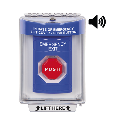 Botón De Salida De Emergencia Con Bocina De Advertencia Integrada, Interior/Exterior, Texto En Ingles, Tapa Protectora De Policarbonato Súper Resistente, Neumático