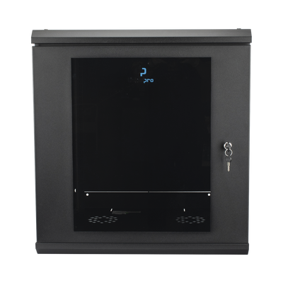 Gabinete Rack de Pared 12 Unidades / 19 Pulgadas / Ventilado / Puerta de Vidrio / Acero Calibre 18 / Carga 100 Kg / 635 x 606 x 612 mm (25 x 23.9 x 24.1 in) / Pintura Electrostática / Negro
