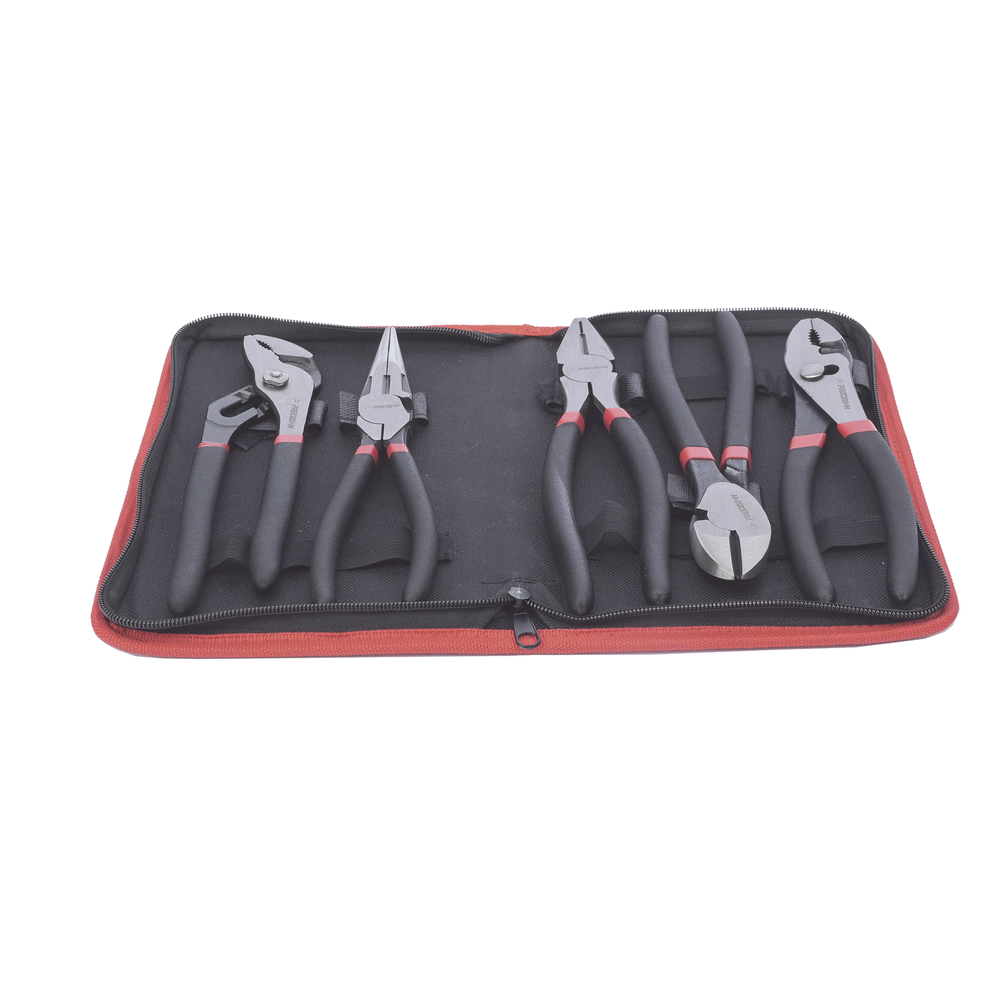 Juego de 5 Pinzas de 8" con Estuche. Incluye: P. Mecánica, P. para Tubo, P. Eléctrica, P. Corte, Nariz Larga.