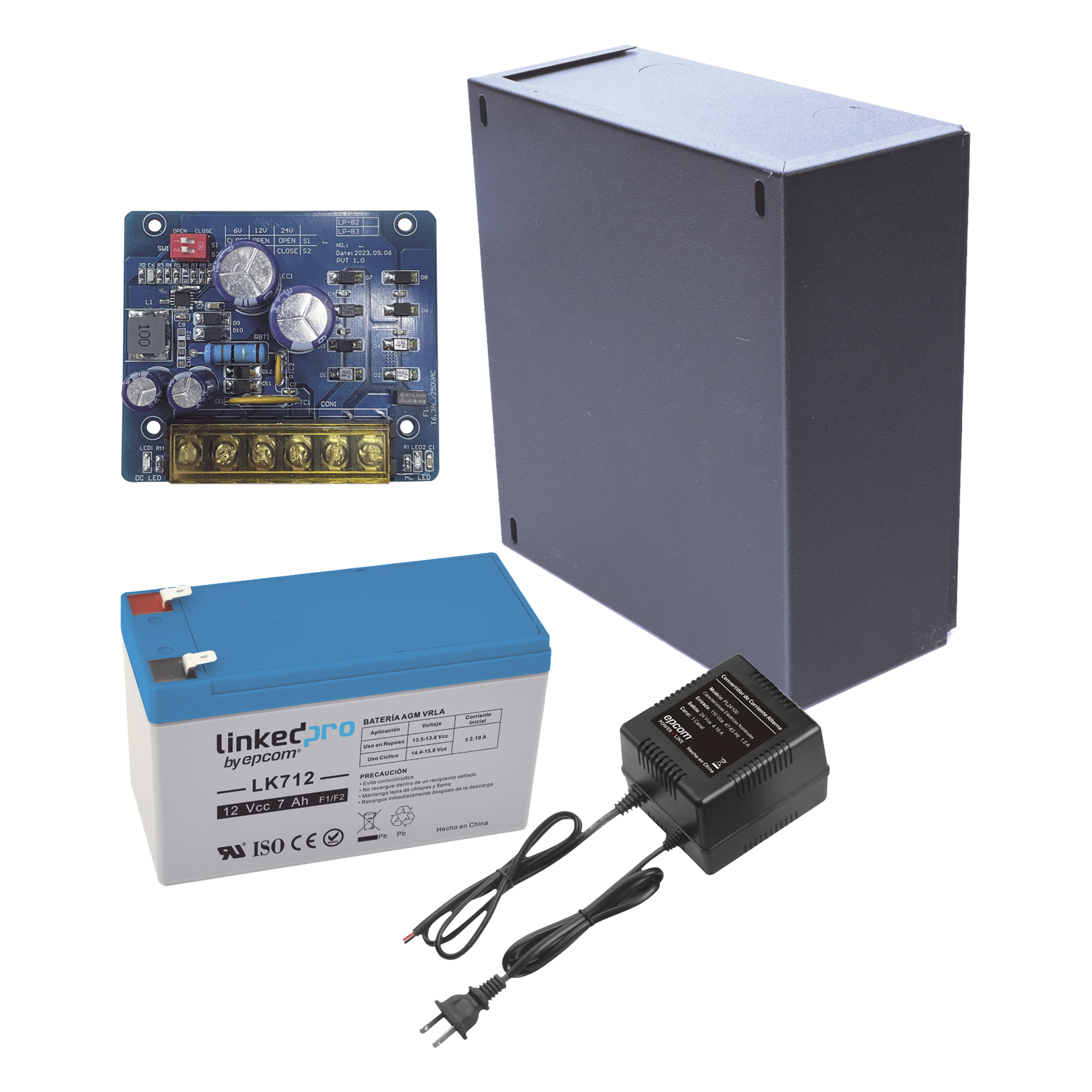 Kit con fuente PLB2 con salida de 12 Vcc a 2.5 Amper, incluye transformador y batería de 12 V a 7 Amper — EPCOM POWERLINE · SKU KIT16B2LK7