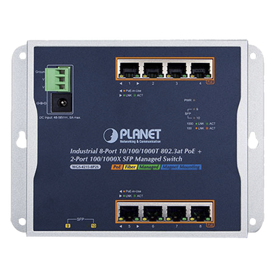 Switch Industrial PoE Administrable de Pared Capa 2, 8 Puertos Gigabit PoE 802.3at y 2 Puertos 100/1000X SFP