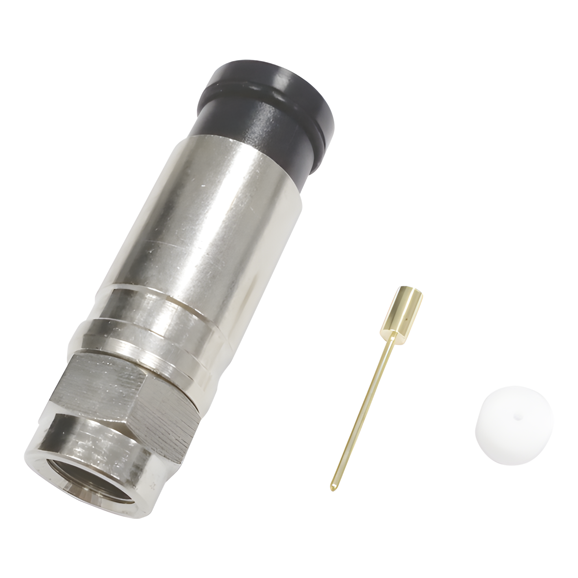 Conector F Macho de Compresión Axial con Borne Negro para instalar en Cable Coaxial RG-11, 75 Ohm, Bronce-Niquelado. — EPCOM TITANIUM · SKU TT11-F02