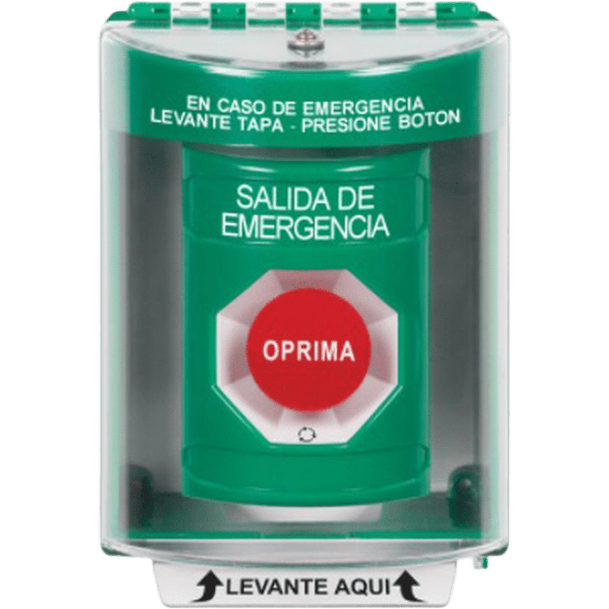 Botón de Salida de Emergencia, Cubierta de Policarbonato Súper Resistente de Superficie con Espaciador, Activación de Acción Mantenida, Con Bocina de Advertencia