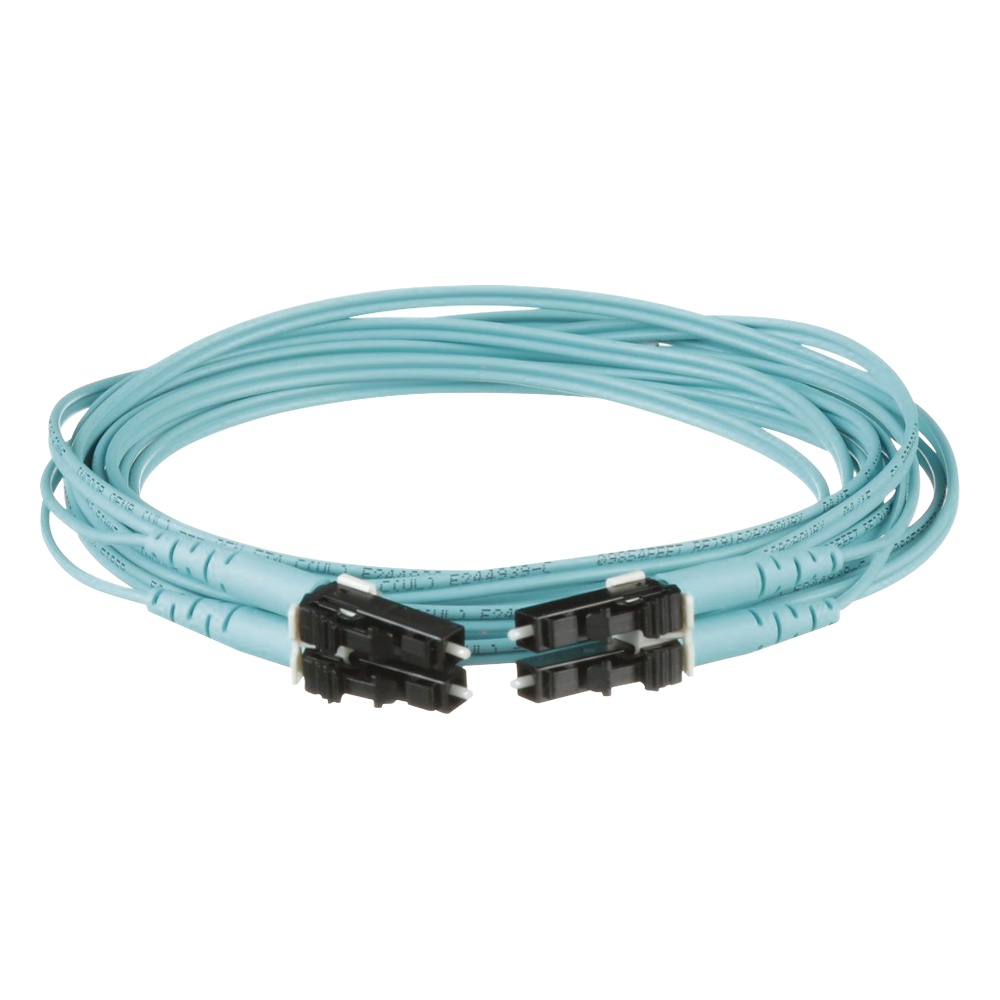 Jumper de Fibra Optica Multimodo 50/125 OM3, LC-LC Duplex, OFNR (Riser), Color Aqua, 9 Metros (29.53 Pies)