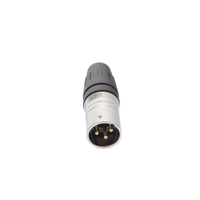 CONECTOR MACHO XLR DE 3 NÚCLEOS CON CARCASA DE ACERO INOXIDABLE Y CONTACTOS CHAPADOS EN ORO