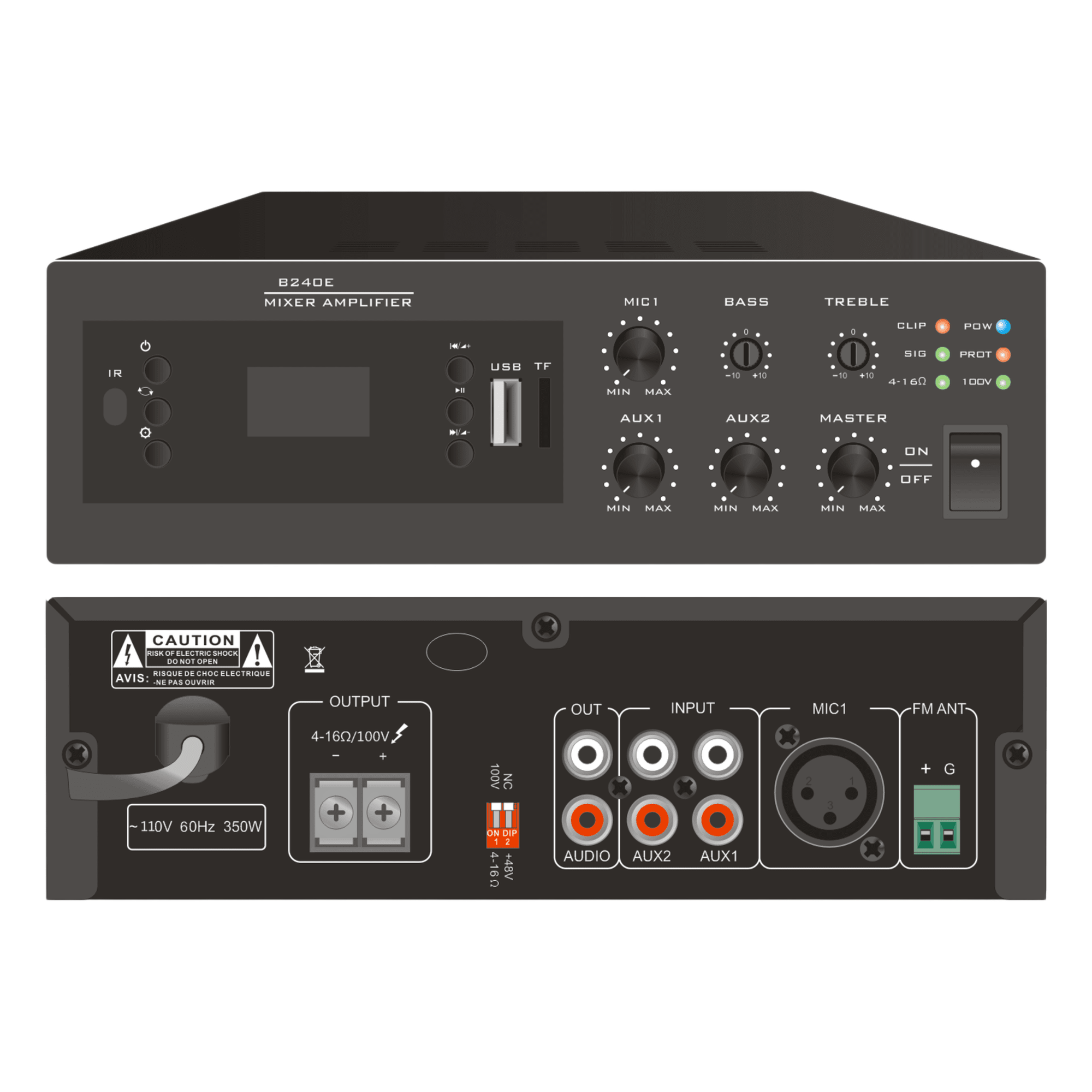 Amplificador Digital Mini MP3 con Bluetooth | 240W | Entrada XLR Micrófono 48V | 2 Entradas RCA | USB y TF Card | FM Radio | Control Remoto | Protección contra Cortocircuito y Sobrecarga | 100v / 4-16 Ohms — EPCOM PROAUDIO · SKU EP-B240E