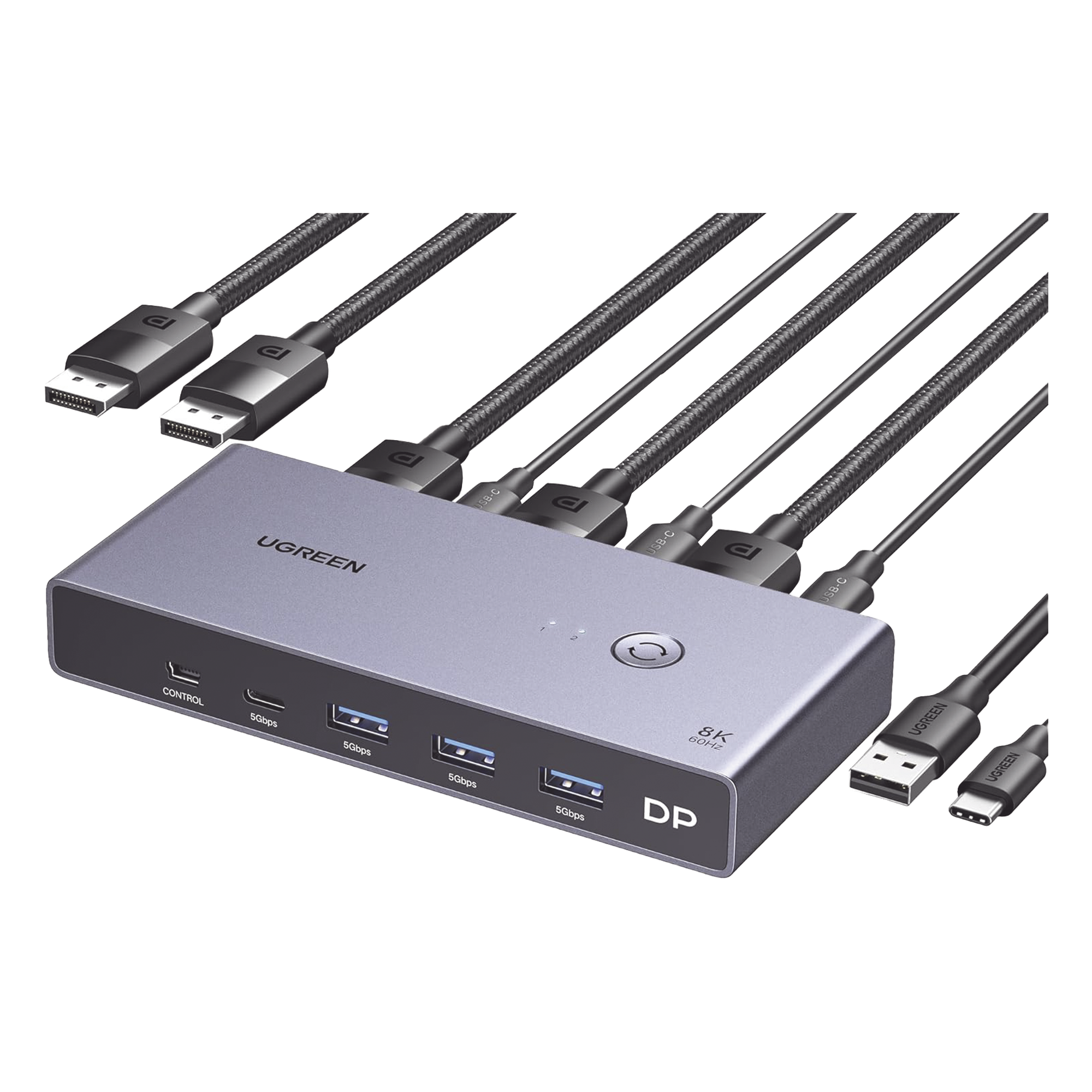 Conmutador KVM DisplayPort 8K | DP 1.4 | 2 Entradas 1 Salida | 4 Puertos USB 3.0 (3 USBA *1 USBC) | Soporta 8K@60Hz | HDR | Control de Escritorio | Carcasa de Aluminio | Indicador Led | Compatible Win, MacOs y Linux. — UGREEN · SKU 25962