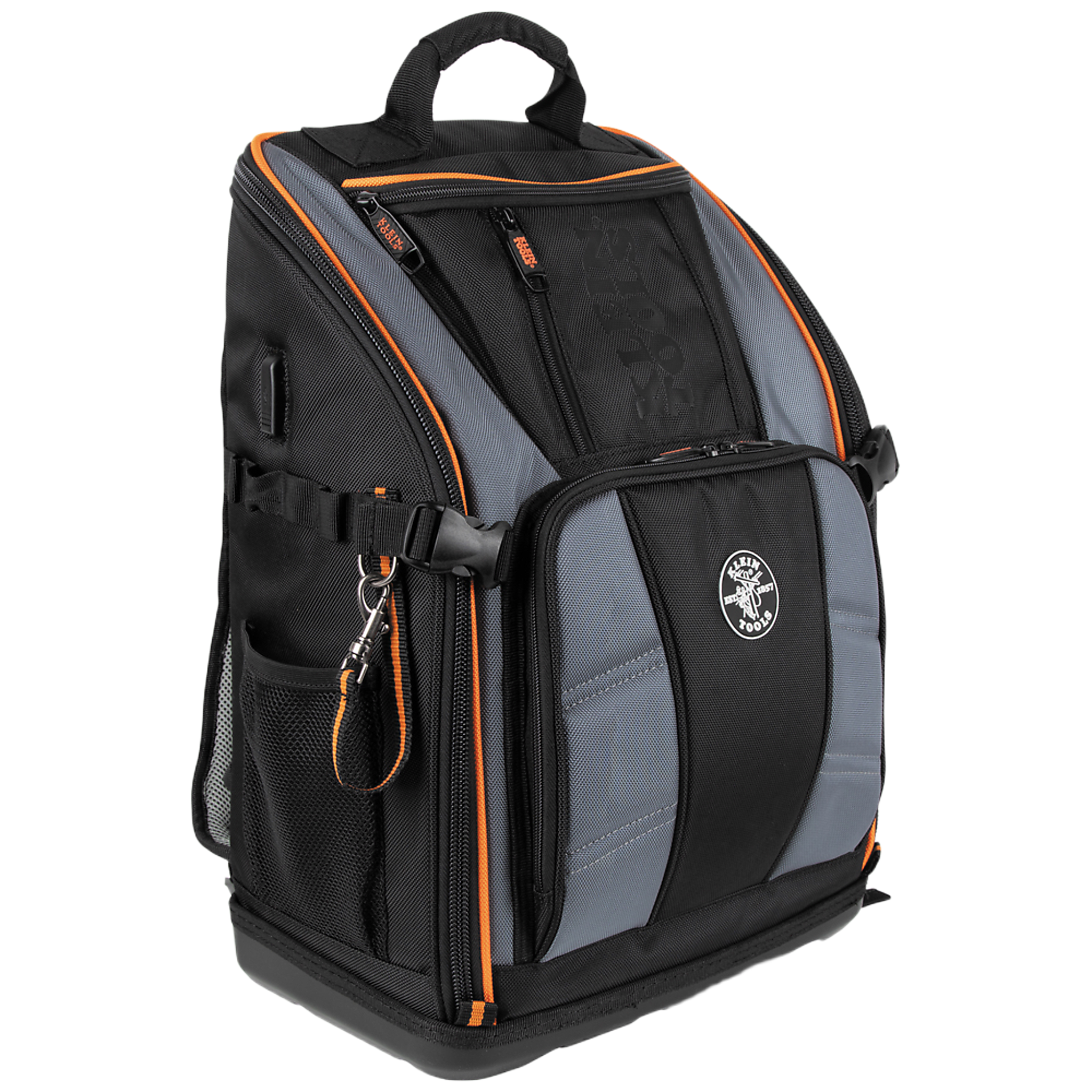 Mochila Profesional para Herramientas / 27 Bolsillos / Acceso Rápido y Estación de Trabajo / Base Moldeada Ancha / Interior Naranja / USB-C / Soporte para Lámpara