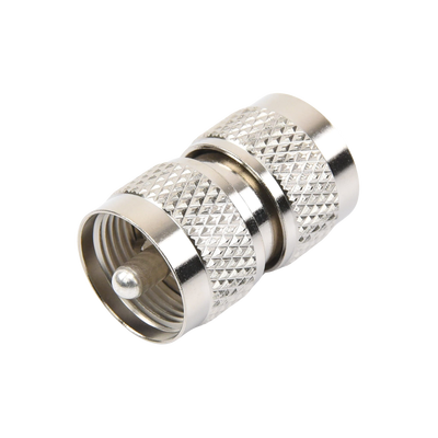 Adaptador Barril en Línea, de Conector UHF Macho (PL-259) a UHF Macho (PL-259), Níquel/ Plata/ Teflón.