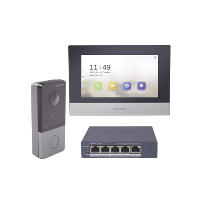 Kit de Videoportero IP + Switch Poe Poe Estandar con llamada a App de Smartphone (HikConnect) / Apertura con tarjeta MIFARE / Frente de calle IP65 / Soporta 1 Departamento — HIKVISION · SKU DS-KIS603-P/S