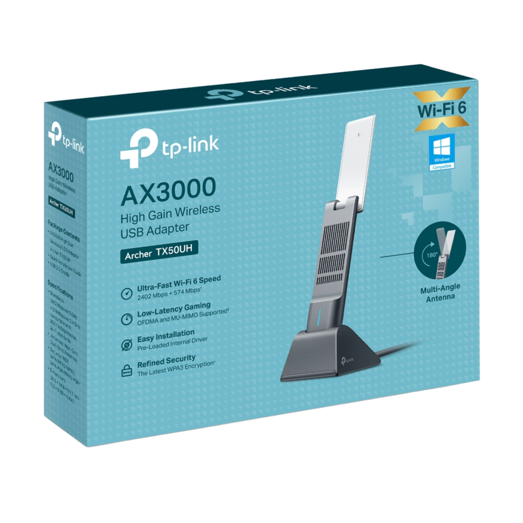 Adaptador USB Wireless Wi-Fi 6 / AX3000 (2402 Mbps + 574 Mbps) / Antenas de Alta Ganancia / USB 3.0 / Baja Latencia Gaming / WPA3 / Cuna Desmontable con Cable 1.2 m (3.9 ft)