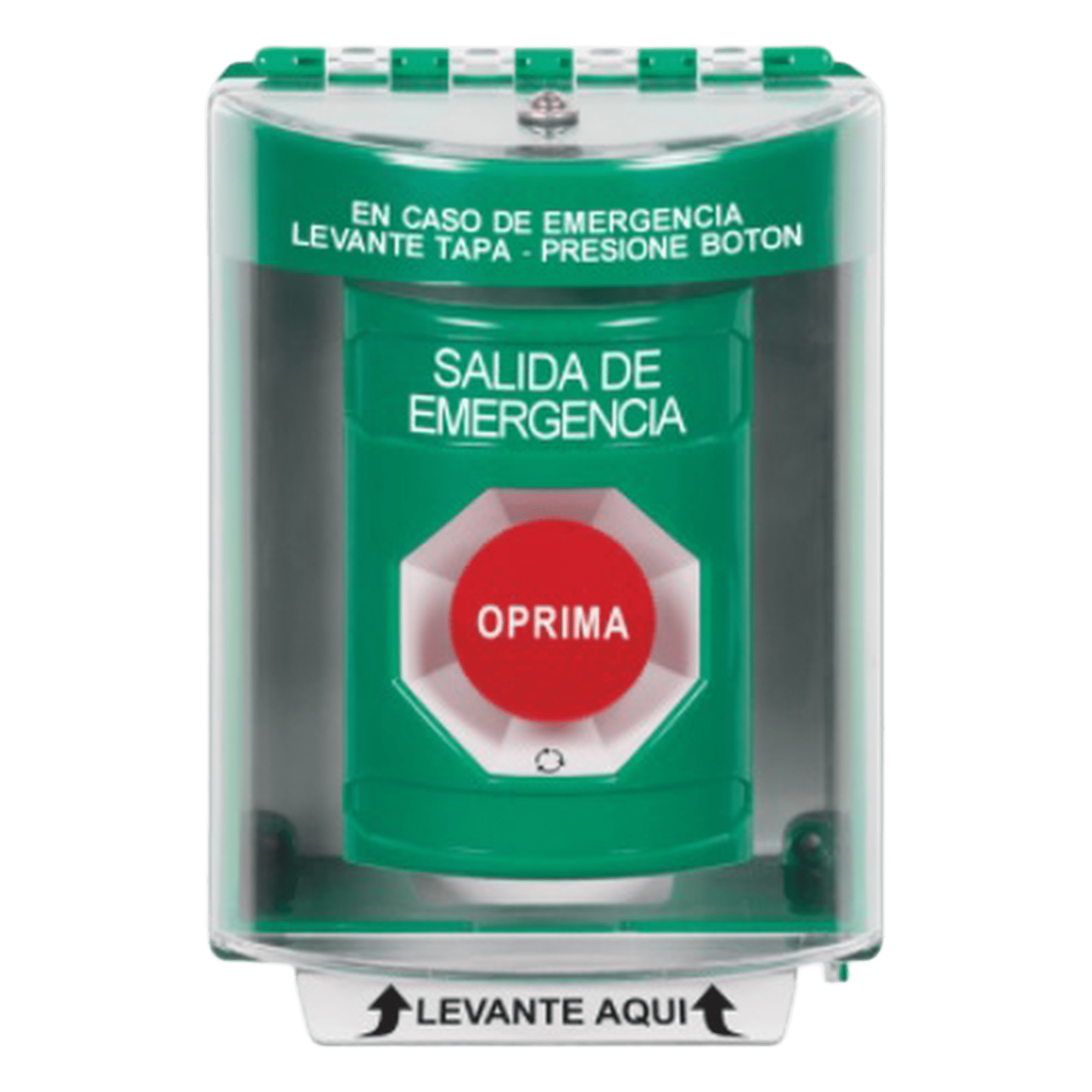 Botón de Salida de Emergencia, Cubierta de Policarbonato Súper Resistente de Superficie con Espaciador, Activación de Acción Mantenida, Con Bocina de Advertencia — STI · SKU SS2181EX-ES