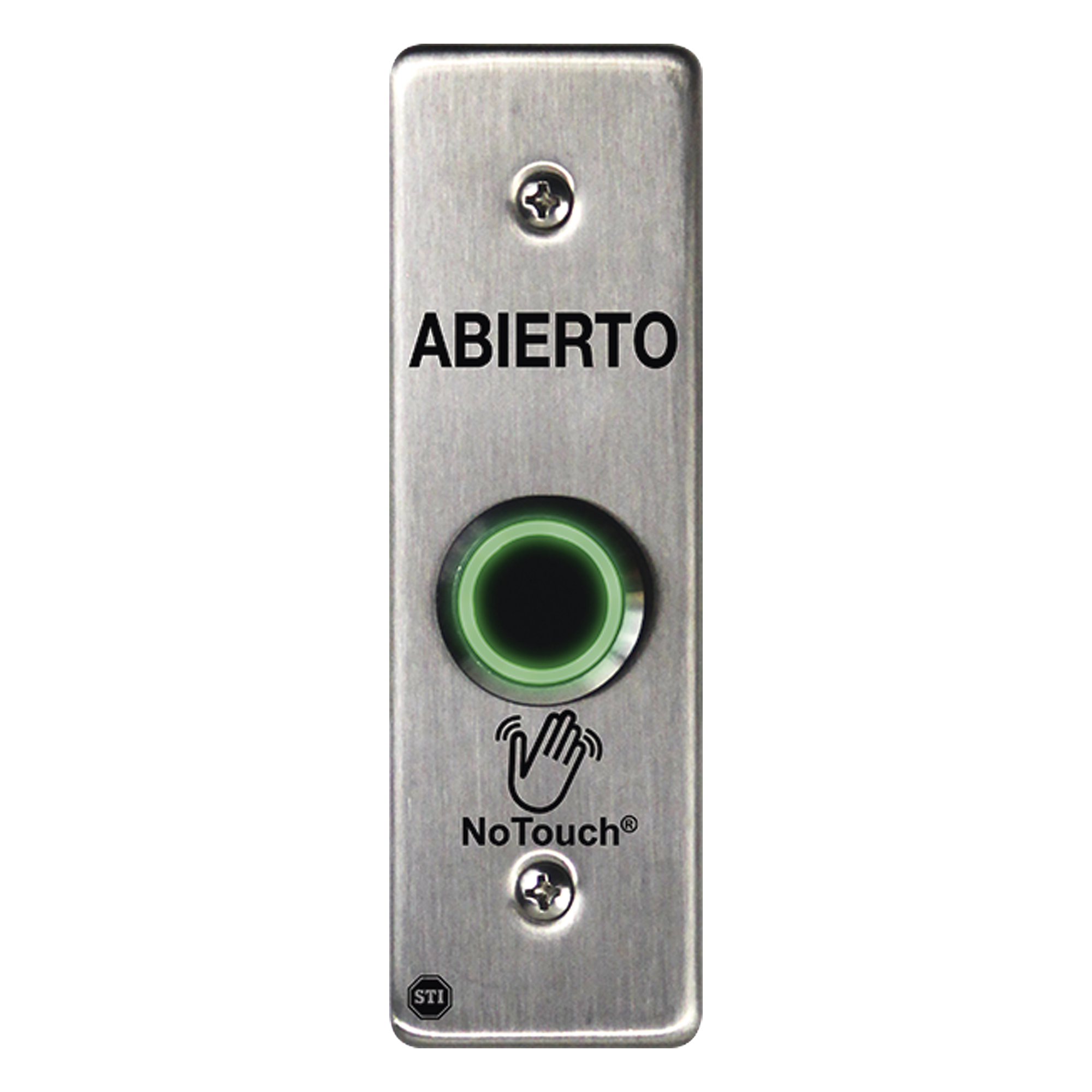 Interruptor IR NoTouch® de Acero Inoxidable, Montaje Delgado, Caja Posterior, ABIERTO    — STI · SKU NT-SS002-ES