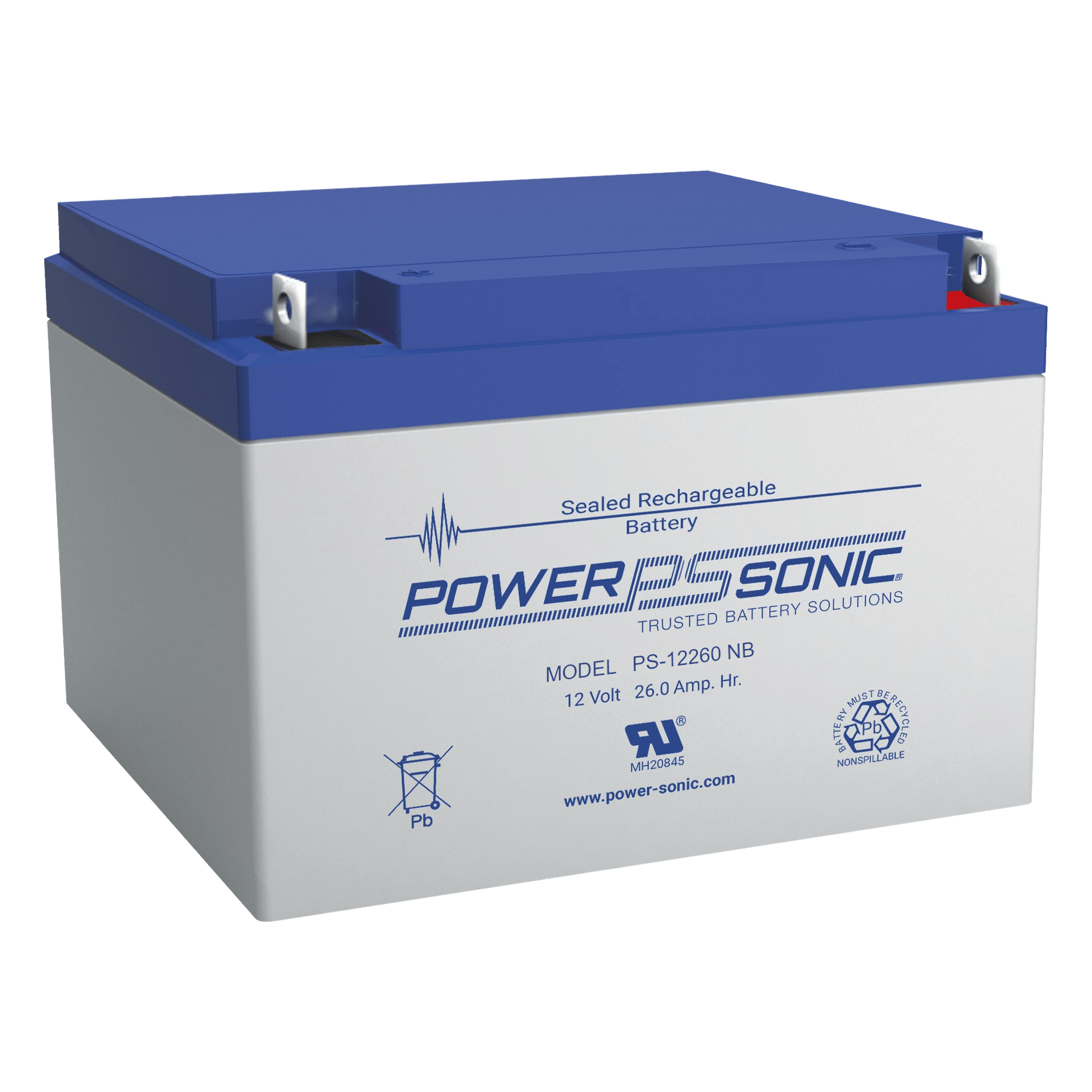 Batería 12V, 26AH, Para Respaldo, Tecnologías AGM/VRLA, 5 Años Vida Útil, Terminales NB2, Reconocida UL — POWER SONIC · SKU PS-12260-NB2