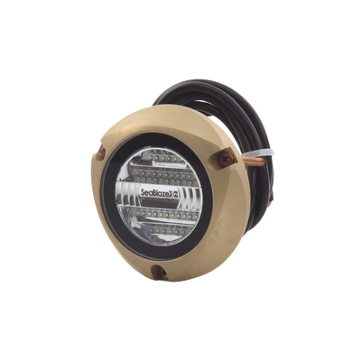 Luz led marina sumergible SeaBlaze X2, emite luz de color blanco y azul de 6000 lúmenes, fabricada en bronce naval con grado de protección IP68.