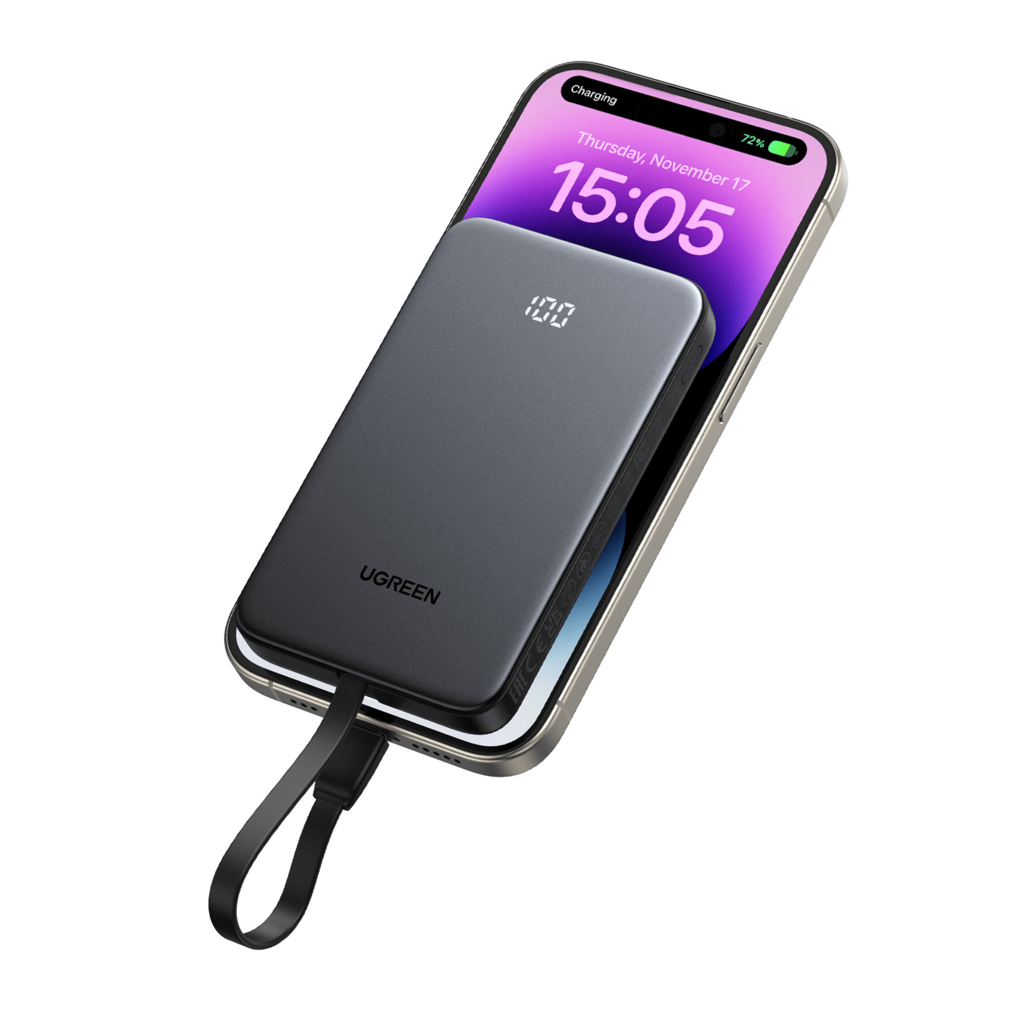 Power Bank 10000mAh con Cable Integrado 20W / Puerto USB-C PD3.0 PPS / Puerto USB-A SCP 22.5W / Batería Polímero Litio / Protecciones Múltiples / Indicador Digital / Material V-0
