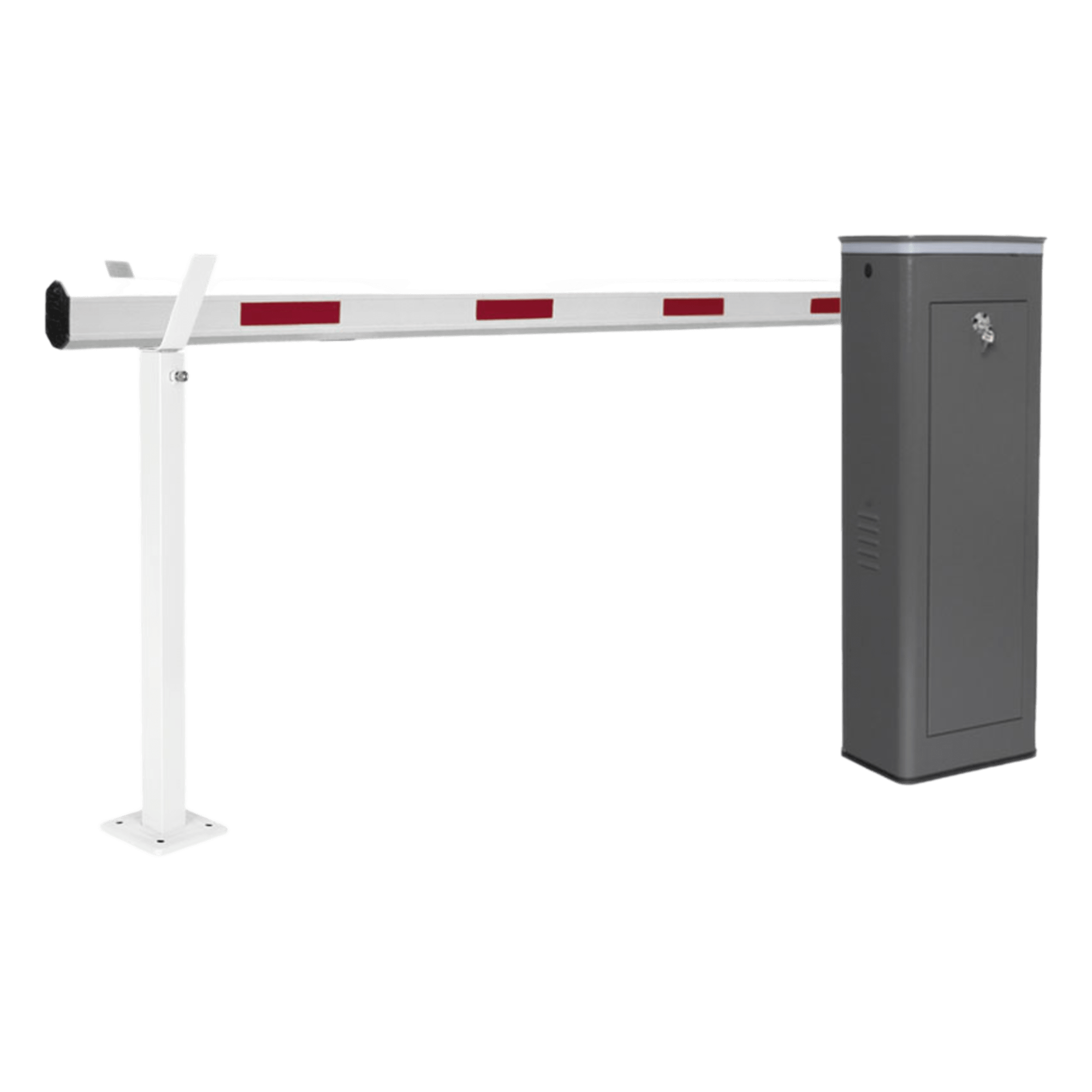 Kit de Barrera Vehicular Izquierda y Brazo Telescópico de Hasta 5.5 m / Finales de Carrera Ajustables por Programación / Movimiento Fluido / Diseño Elegante Color Gris / Con Corona Led Semaforizada — ACCESSPRO · SKU KT-XBS-LB