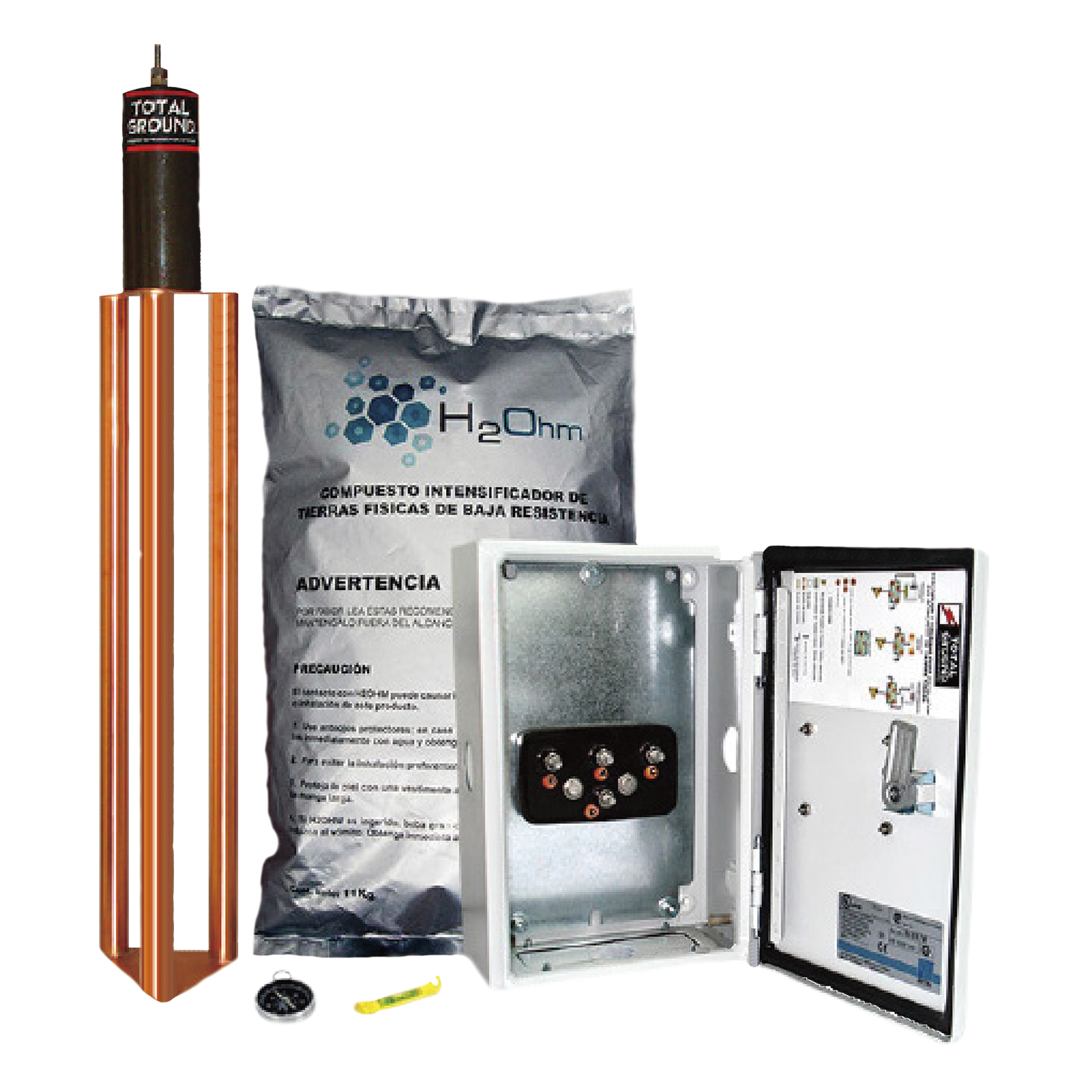 Kit de puesta a tierra de 45 A con Electrodo, Filtro, Acoplador y Compuesto H2Ohm. — TOTAL GROUND · SKU TG-45K