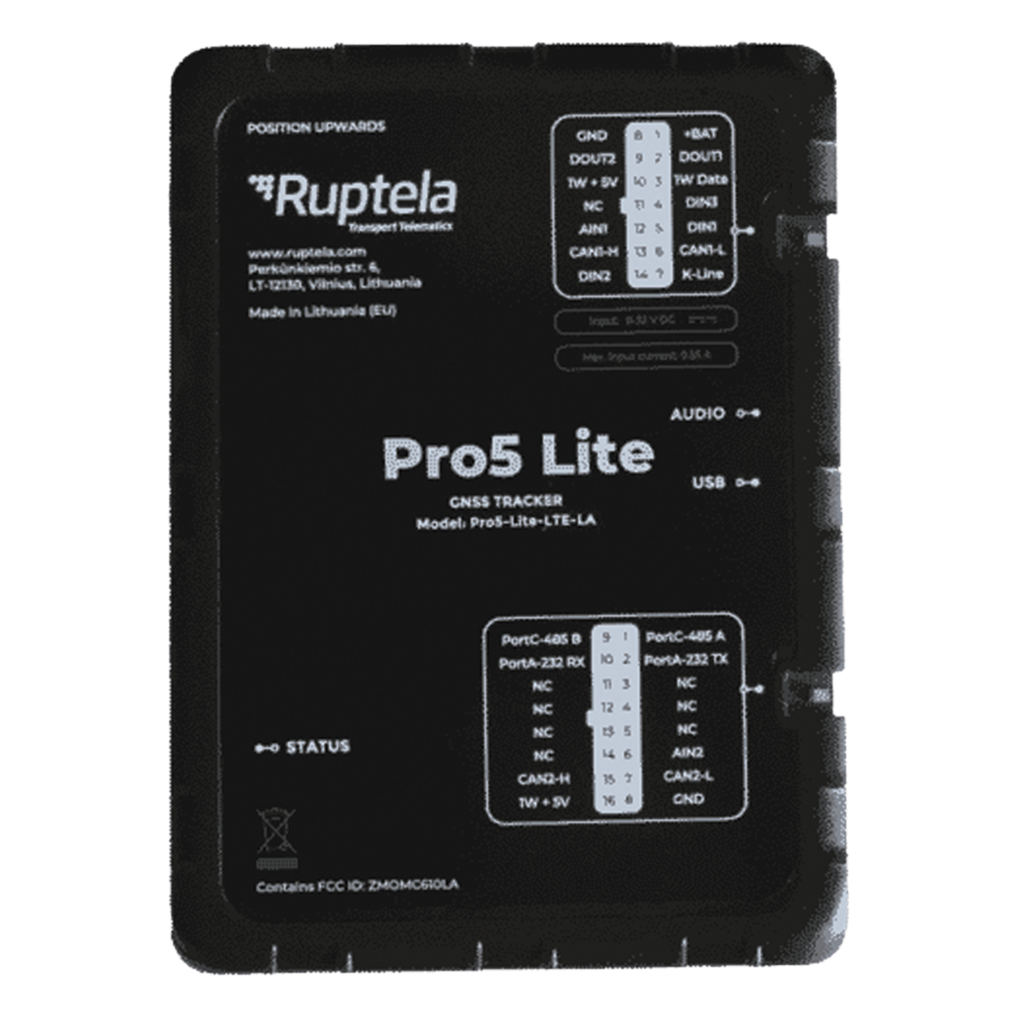 Tracker GPS Pro5 Lite / LTE CAT1 bis (4G), GSM (2G) / Lectura de Datos CAN / Monitoreo de Audio, Temperatura y Combustible / Pequeño con Nano SIM / Conectividad BLE / Protección Avanzada — RUPTELA · SKU PRO5LITE