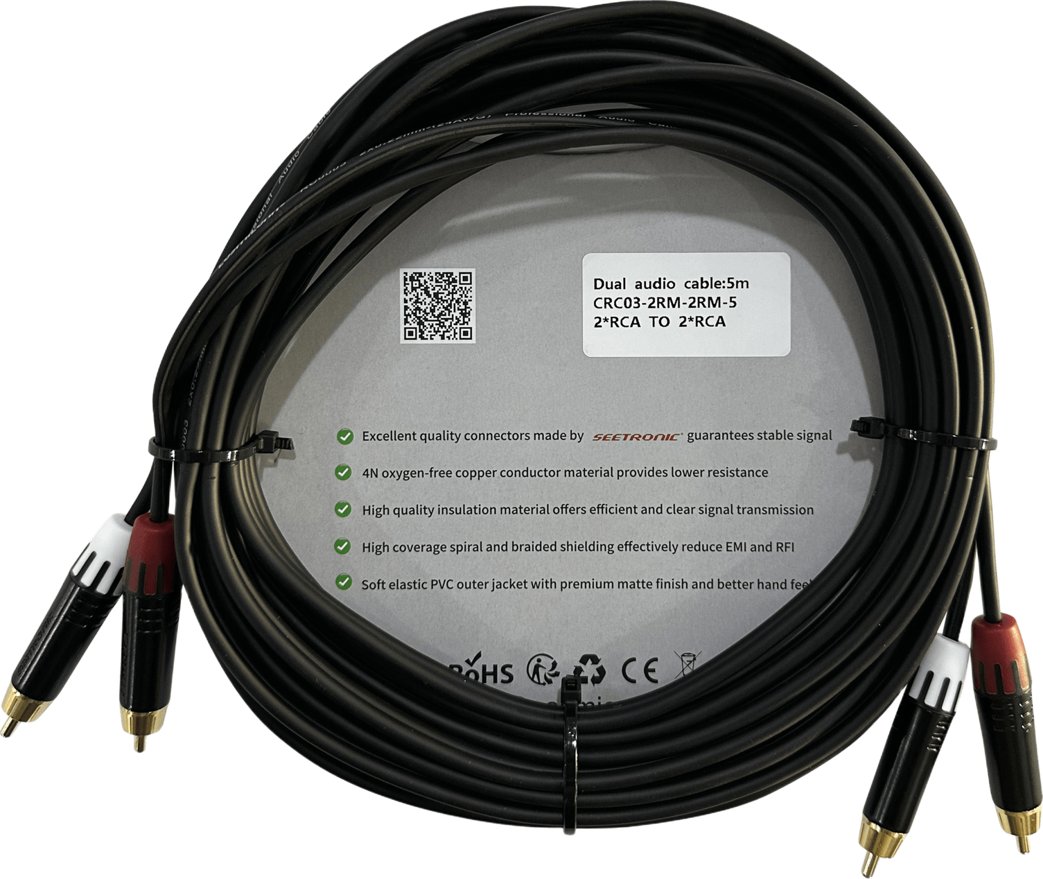 Cable 2 RCA x 2 RCA, conectores negros, con diferenciador de blanco y rojo (2x MT380-RD - 2x MT380-WH), length 5m