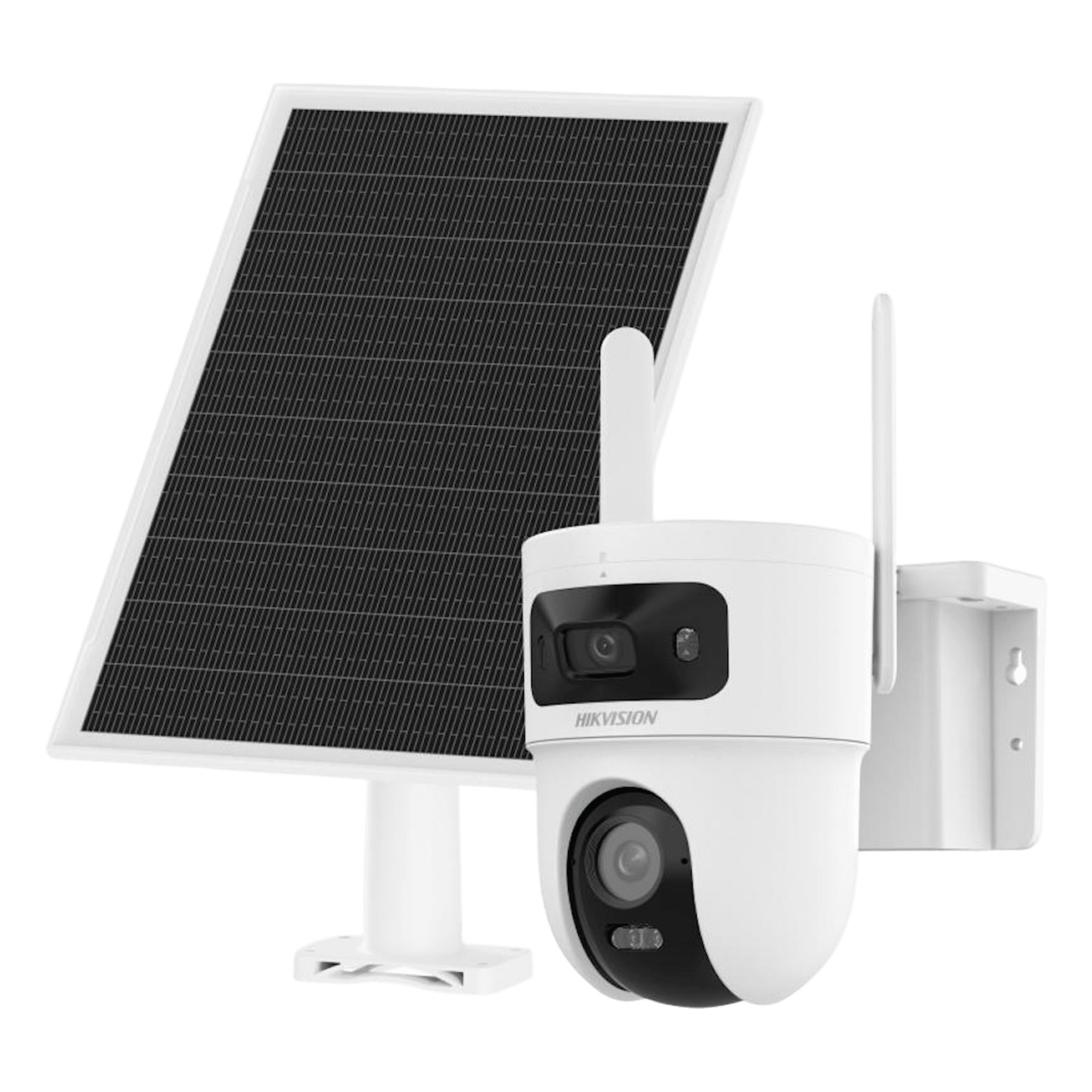 Kit Solar IP All in One Doble Lente / AOV / PT IP 4 Megapixel Lente 4 mm / Fijo 4 Megapixel Lente 2.8 mm / Panel Solar + Batería de Respaldo de Litio (9000 mAh) / Conexión 4G / Audio de Dos Vías / Dual Light / IP66 / Micro SD
