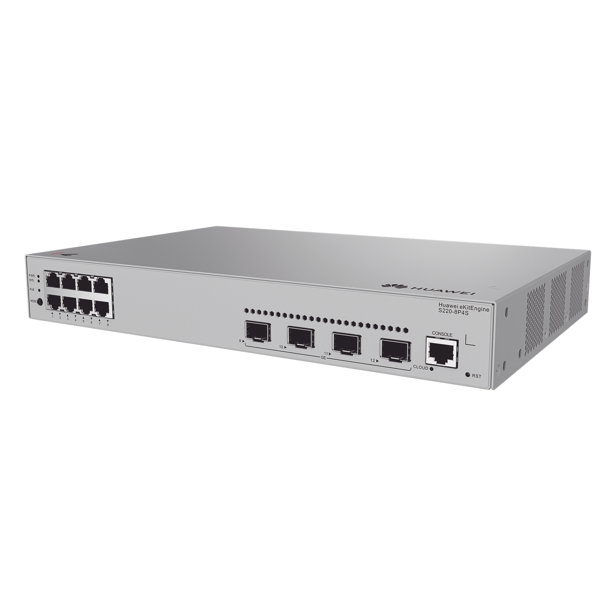 Switch de acceso eKit Administrable / Capa 2 / 8 Puertos PoE+ Gigabit + 4 SFP + Puerto Consola / PoE Perpetuo / Presupuesto PoE 125 W / Sin licenciamiento — HUAWEI · SKU S220-8P4S