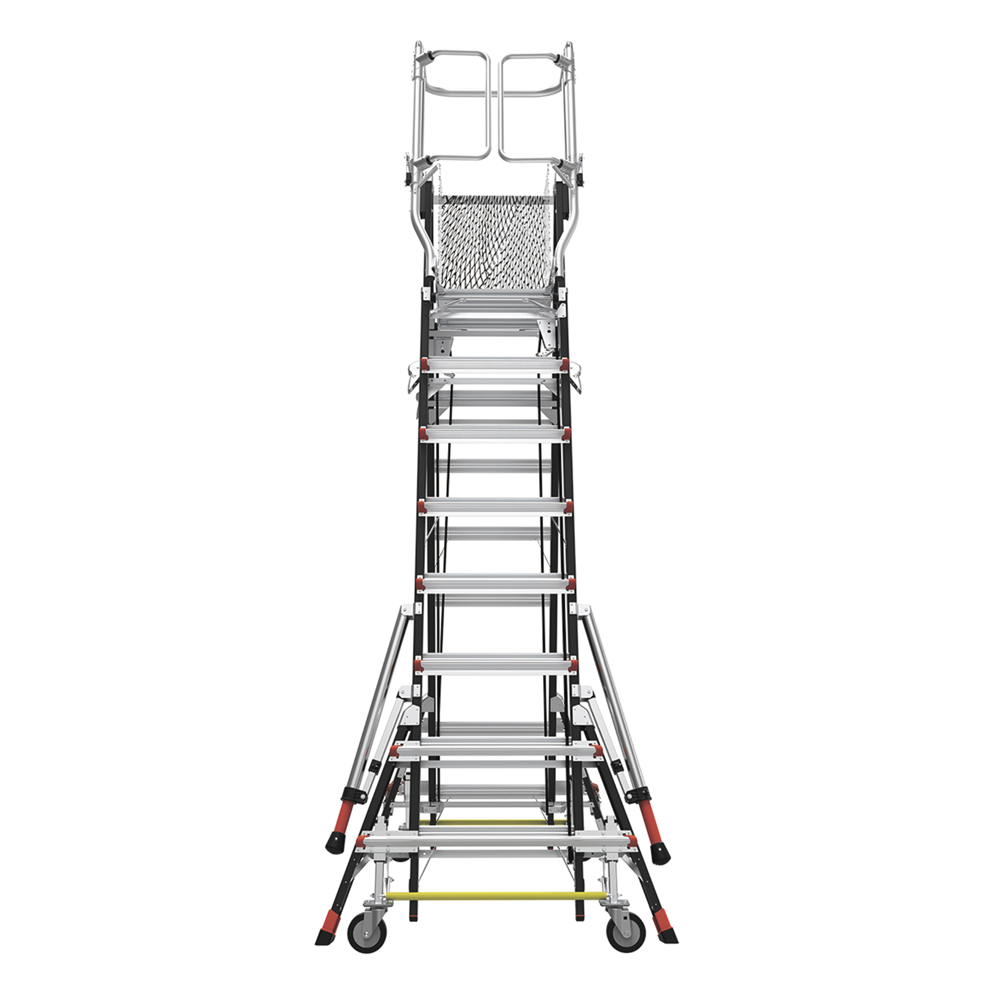 Escalera de Fibra de Vidrio con Jaula de 8'-14' (2.44 - 4.27 m). Con Ajuste en Ruedas (RATCHET™ Leveler) (SKU:18515-817).