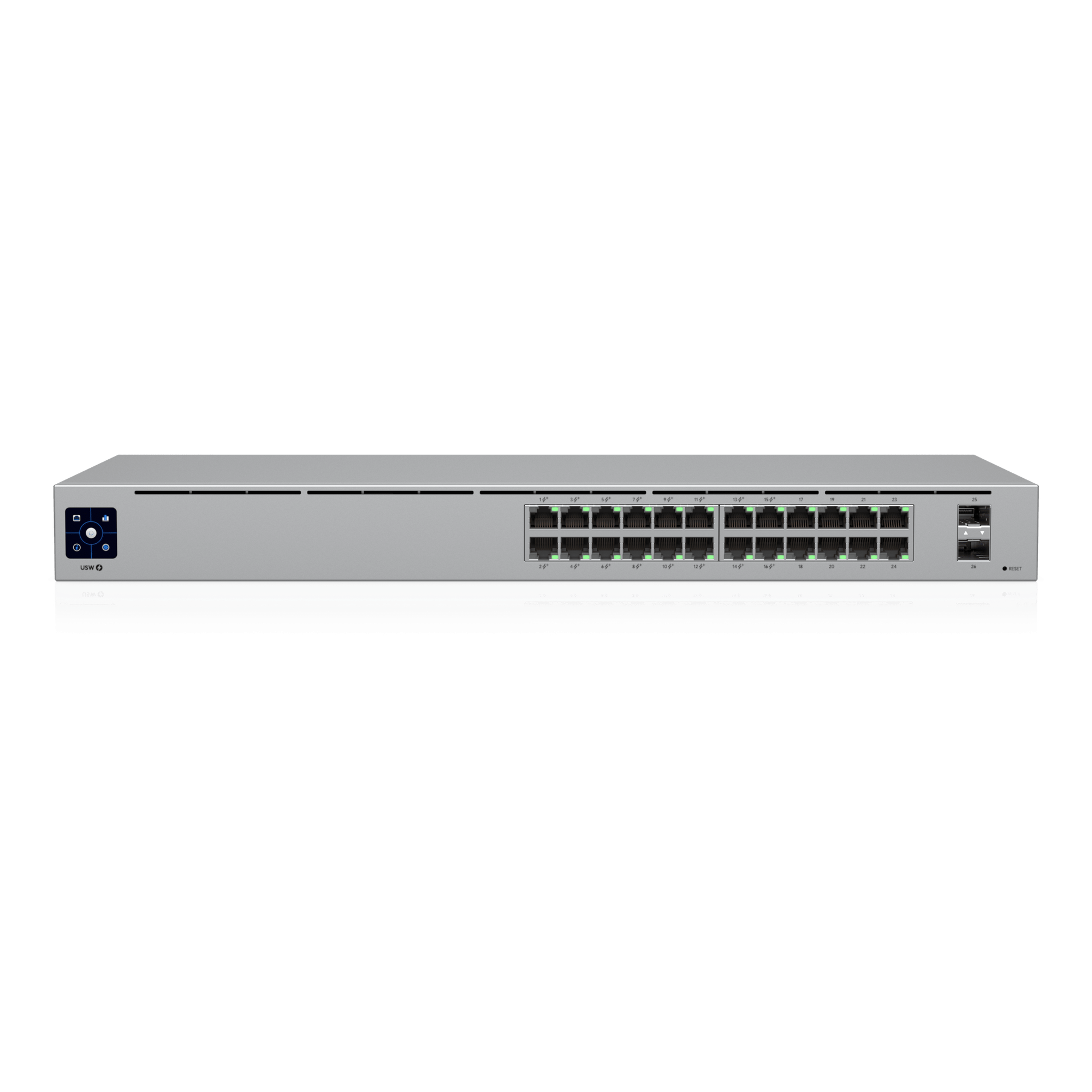 Switch UniFi Capa 2 / 24 Puertos Gigabit / 16 Puertos PoE+ 802.3af/at / 95W Total / 2 Puertos SFP 1G / Pantalla LCM / Sin Ventilador