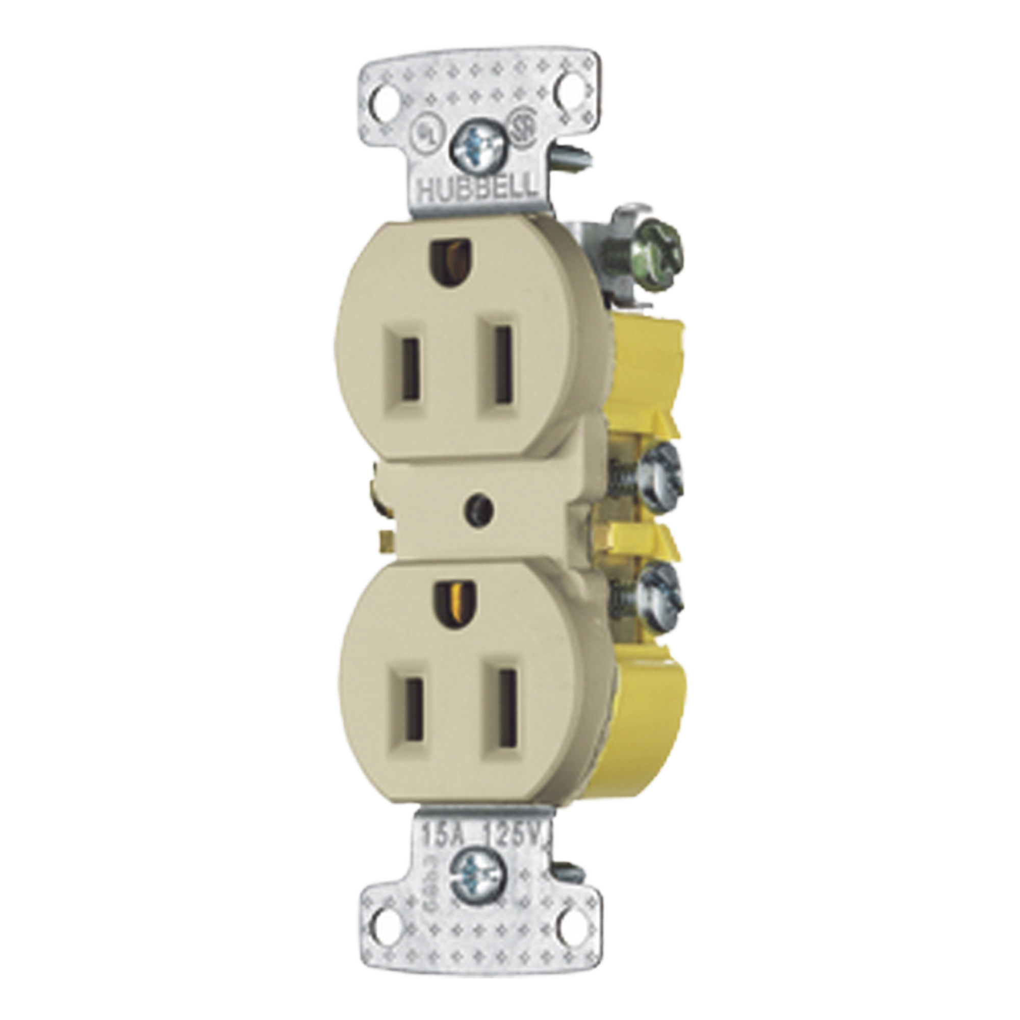 Contacto Duplex 15A 125V/ 2 Polos 3 Hilos / Cableado posterior y lateral / Nema 5-15R / Color Marfil. — HUBBELL · SKU HUB-RR15I