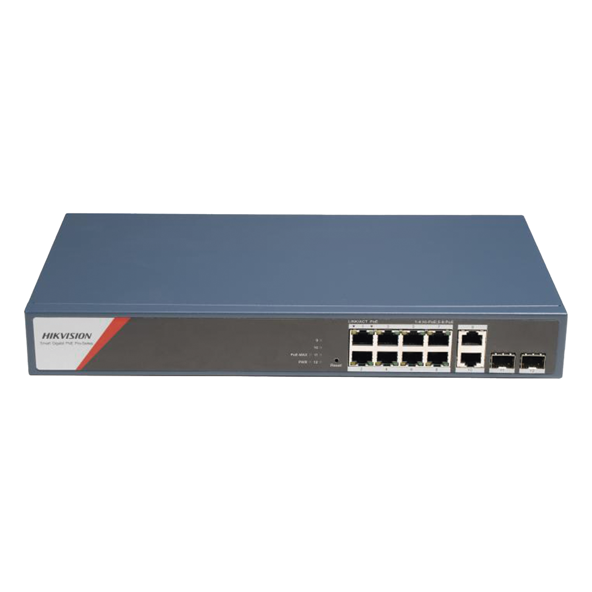 Switch Gigabit PoE+ / Administrable / 8 Puertos 1000 Mbps PoE+(4 Puertos PoE++ 90 W) / 2 Puertos 1000 Mbps de Uplink / 2 Puertos SFP / Configuración Nube Hik-PartnerPro / Modo Extendido hasta 300 Metros / 130 W — HIKVISION · SKU DS-3E1512HP-SI-8P2T2F
