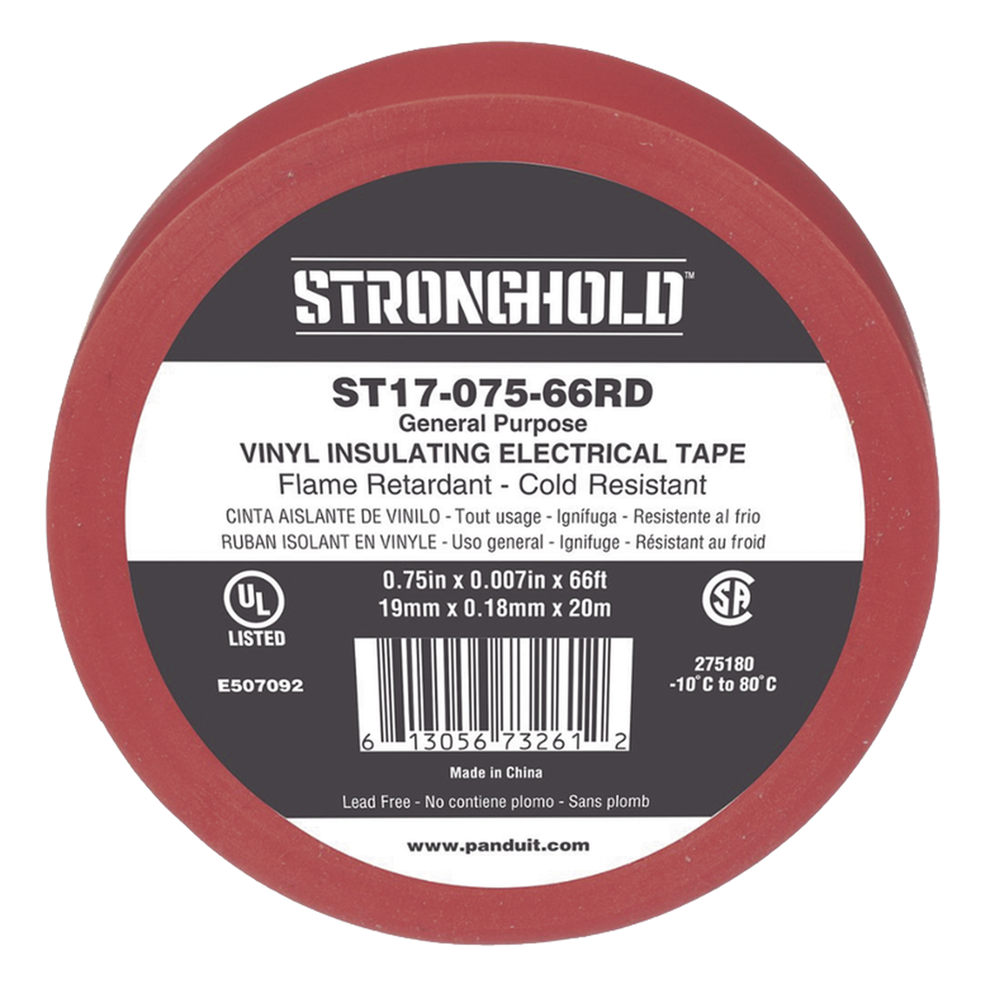 Cinta Eléctrica STRONGHOLD para Aislar, de PVC, Uso General Reparación y Mantenimiento, Grosor de 0.18mm (7 mil), Ancho de 19mm, y 20.12m de Largo, Color Rojo — PANDUIT · SKU ST17-075-66RD